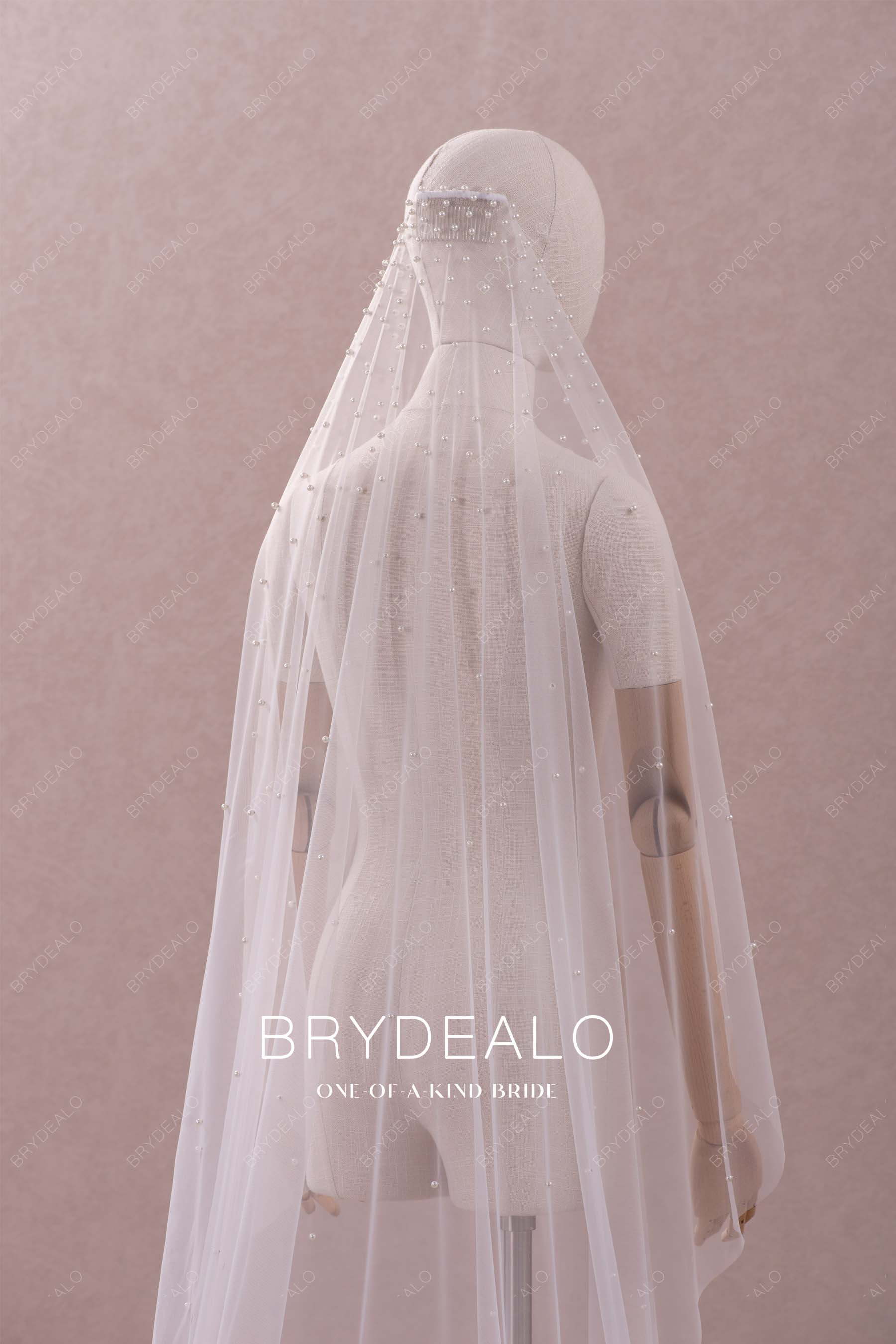 popular scattered pearls long bridal veil