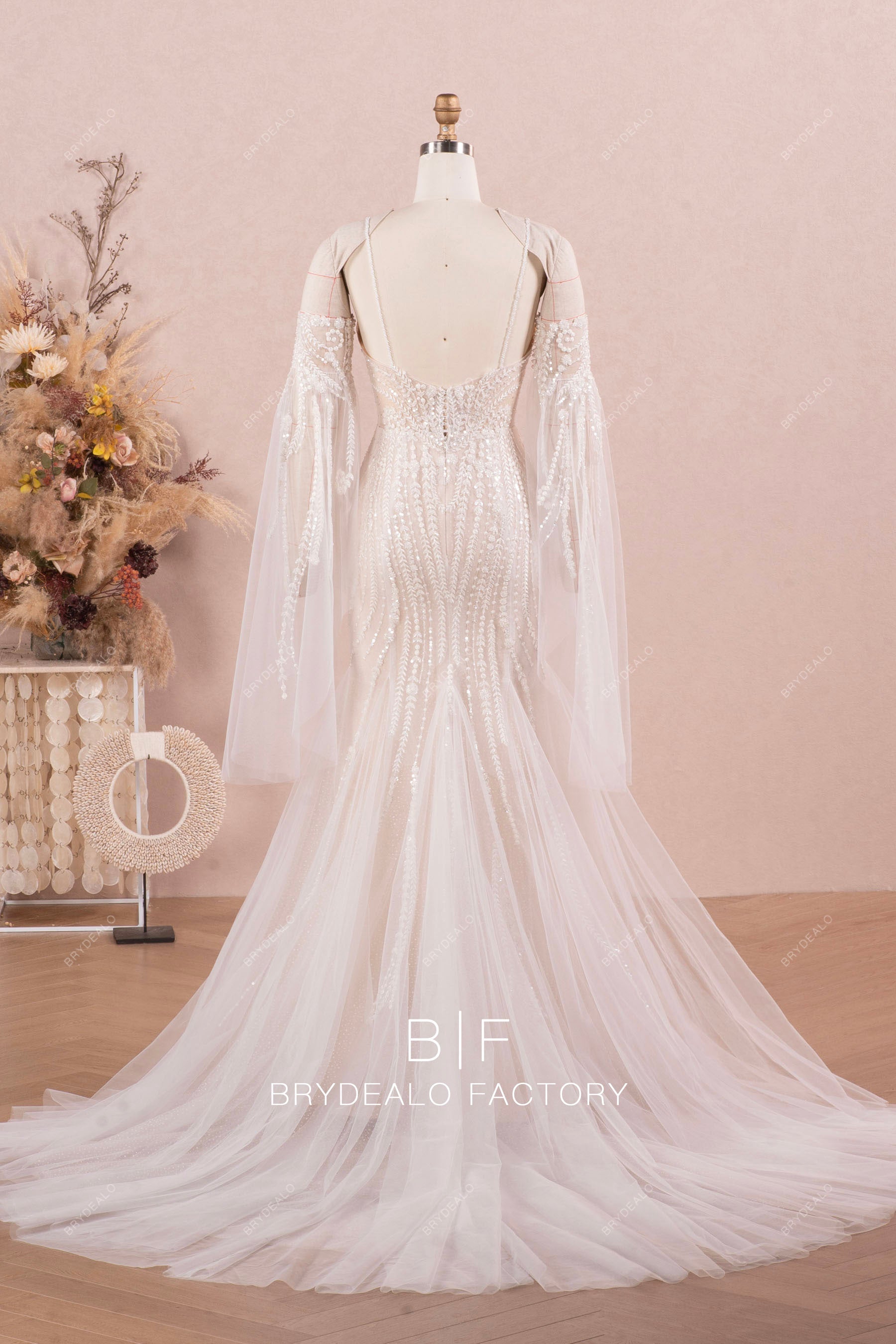 dreamy sparkly long boho lace tulle wedding dress
