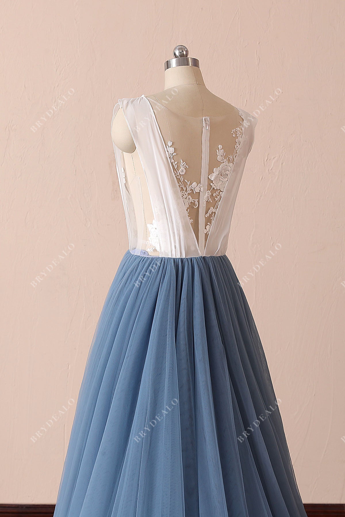 Two-Tone Destination Wedding Dress with Dusty Blue Tulle Skirt Brydealo Two-Tone Destination Wedding Dress with Dusty Blue Tulle Skirt Brydealo