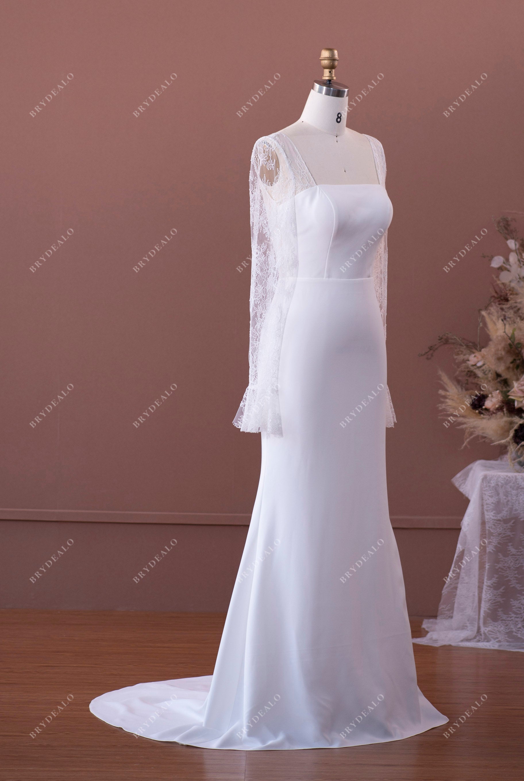 pretty sheer lace bell sleeves court train bridal gown