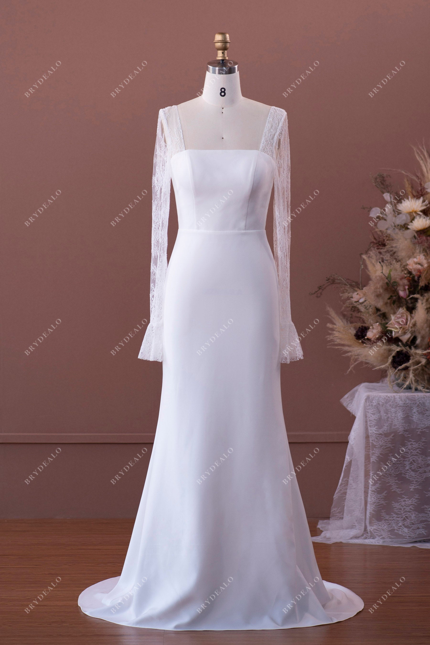 Sheer Lace Sleeved Elegant Crepe Mermaid Wedding Dress