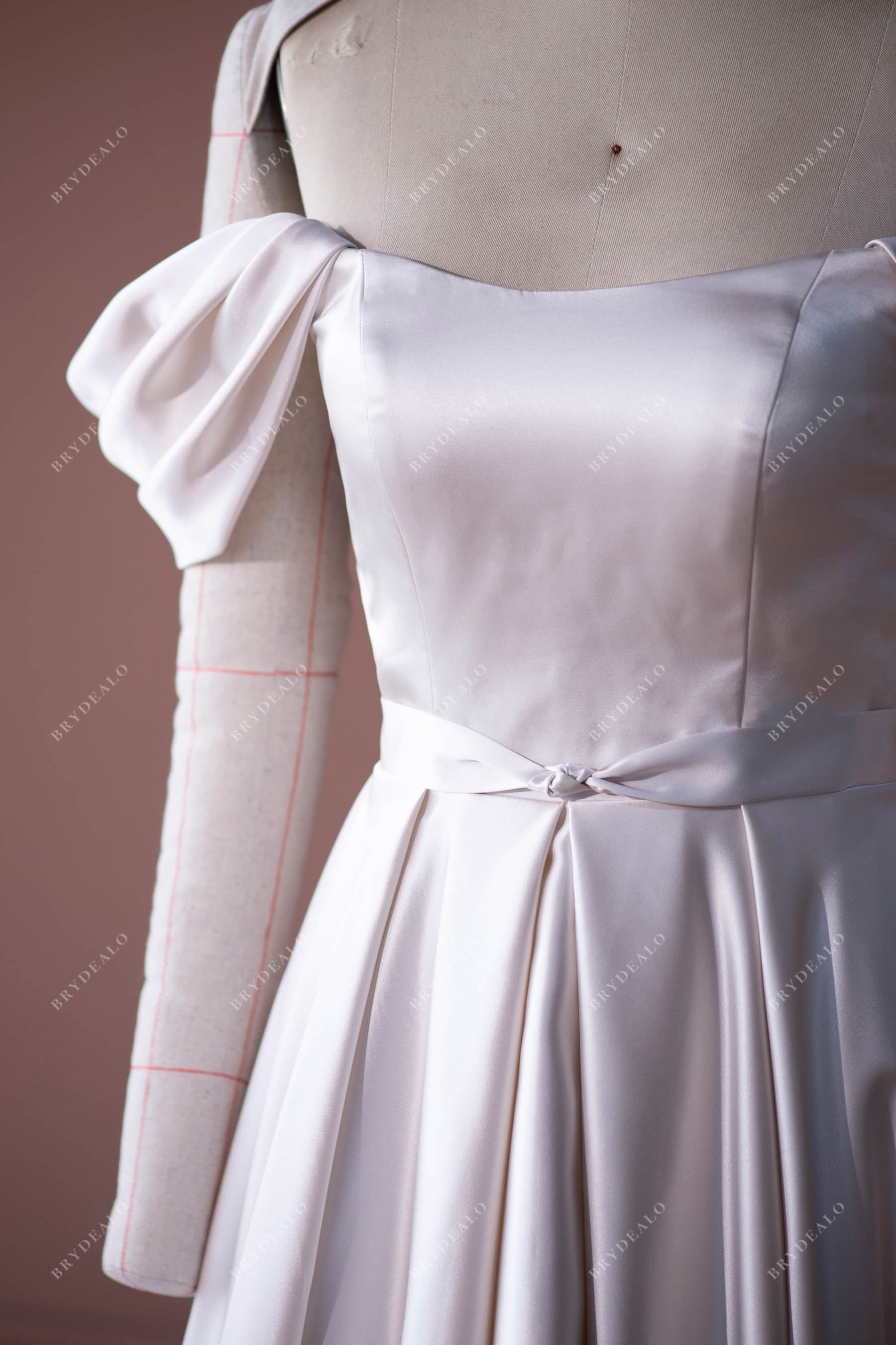 designer satin off shoulder bridal gown