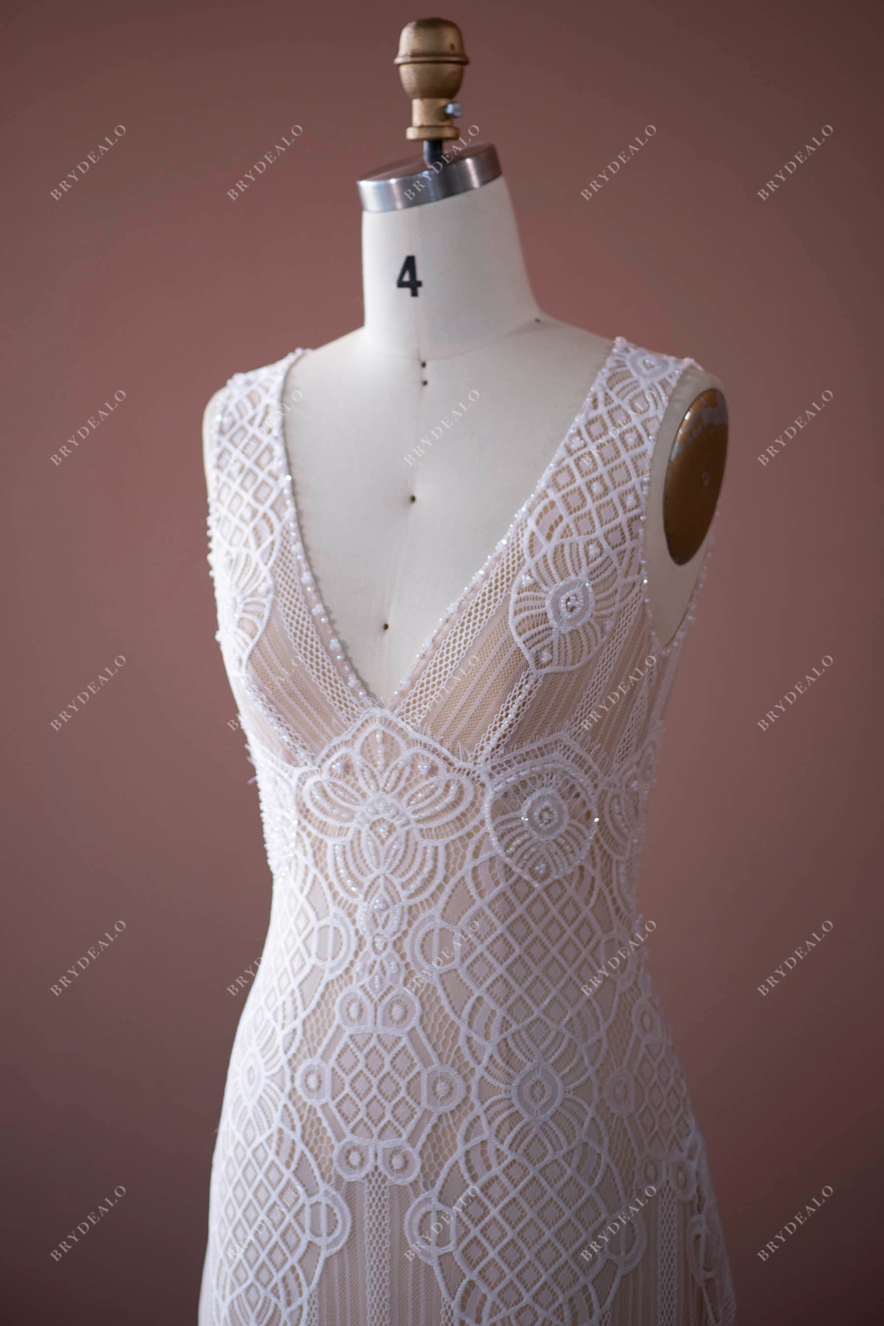 sleeveless deep V-neck lace bridal dress