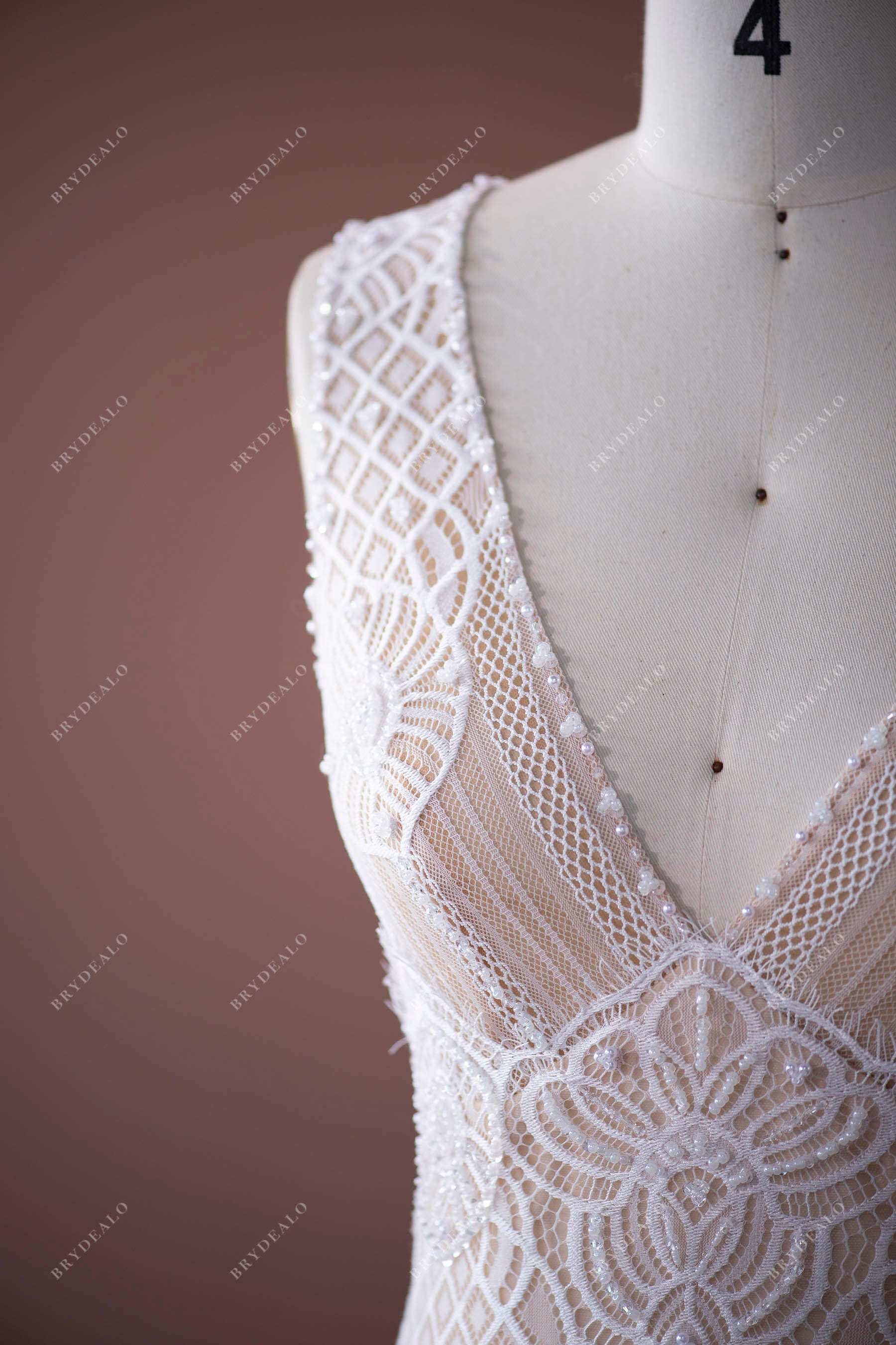 Pearls Plunging Neck Lace Boho Wedding Dress