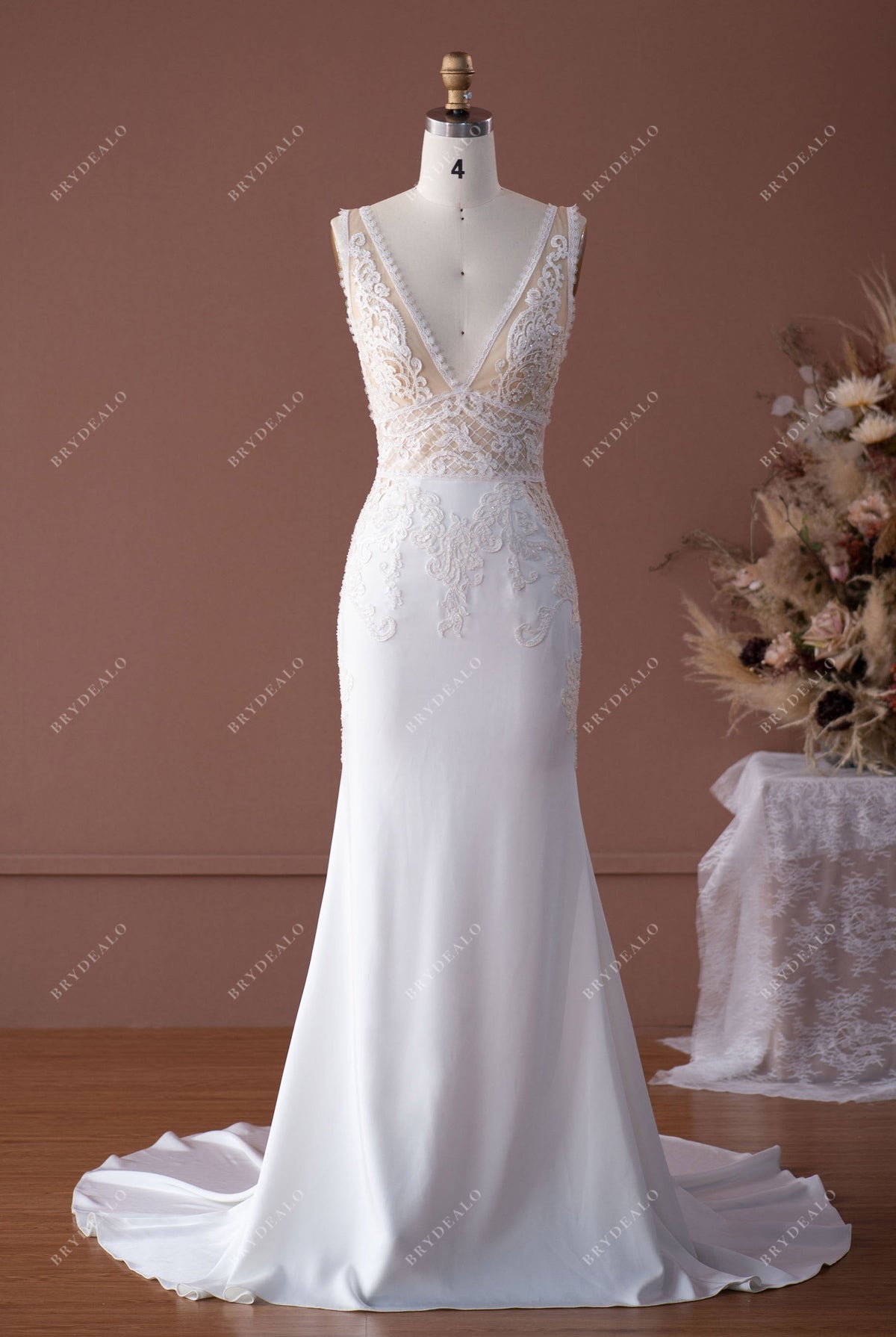 Sexy Plunging V-neck Sleeveless Lace Satin Mermaid Fall Bridal Dress –  Brydealo