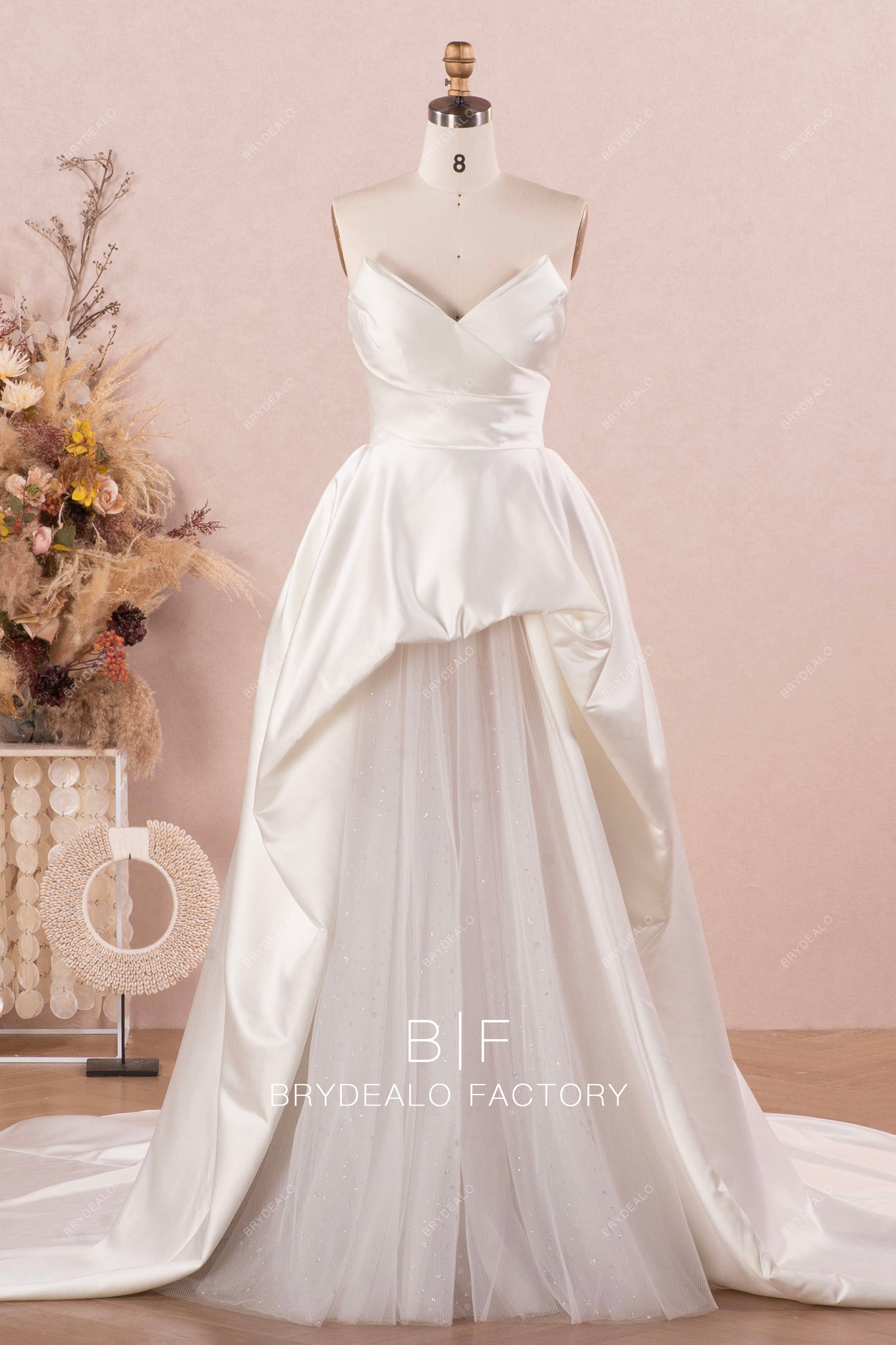 designer strapless bubble satin shimmery wedding dress