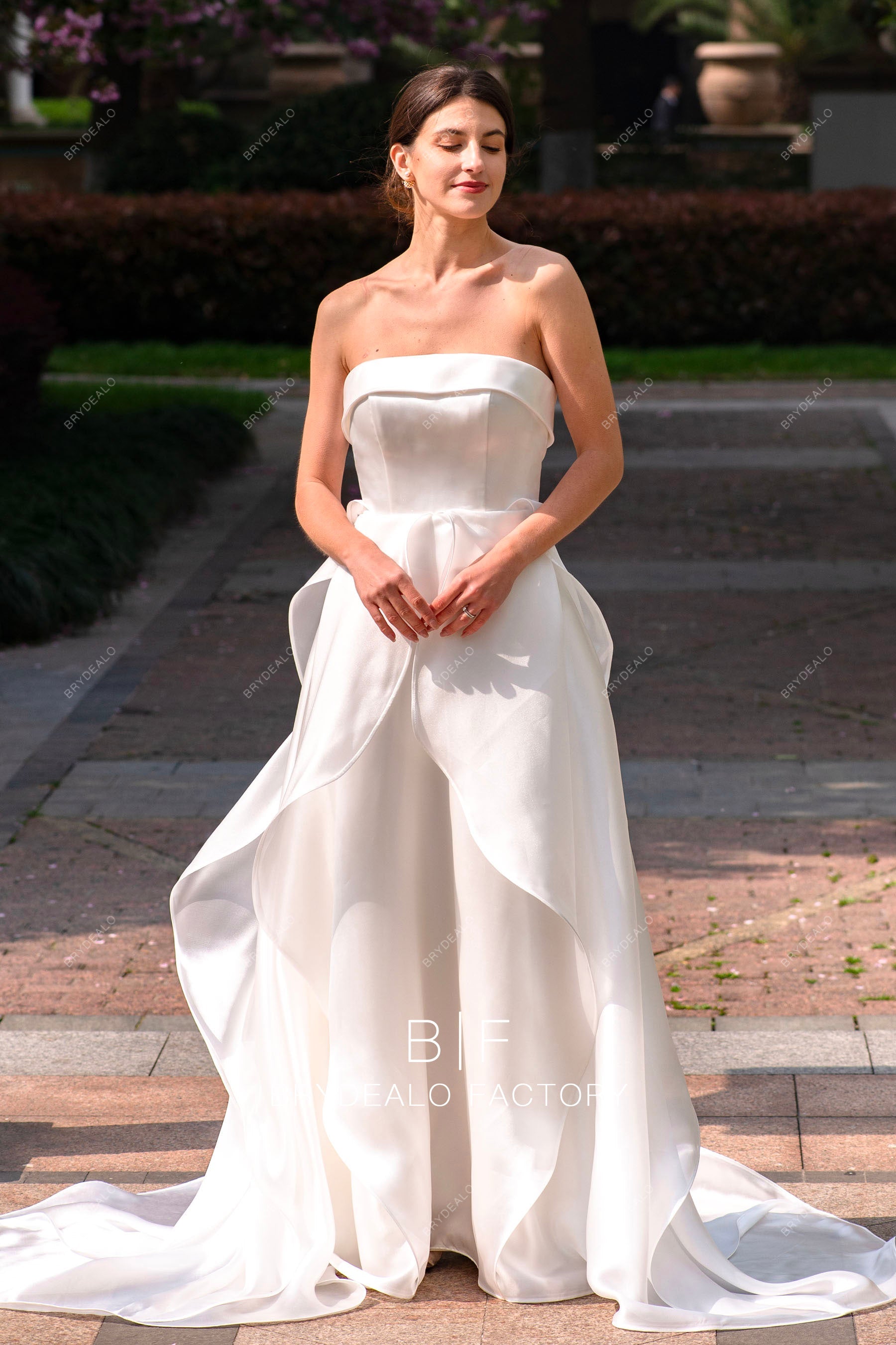 elegant strapless ruffled organza spring fall wedding dress