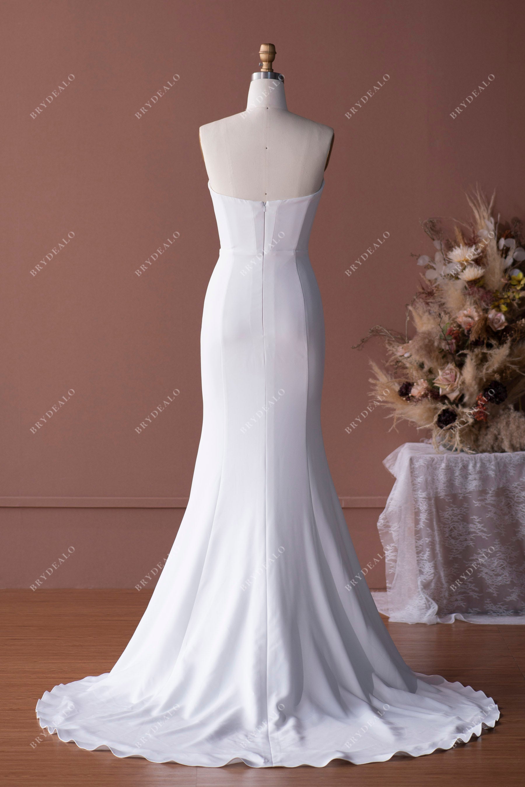 open back crepe mermaid long bridal dress