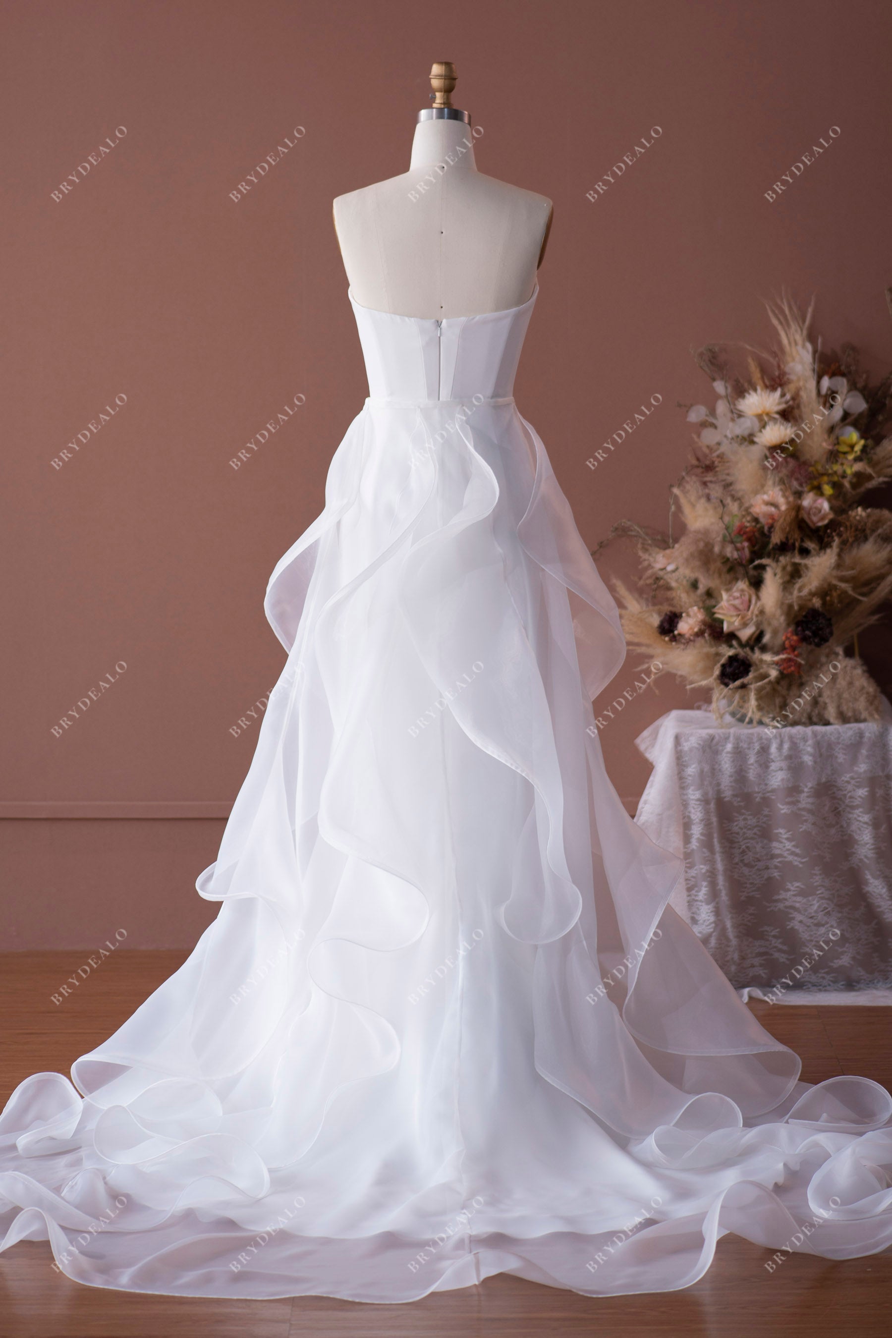 open back strapless crepe organza overskirt mermaid wedding dress 
