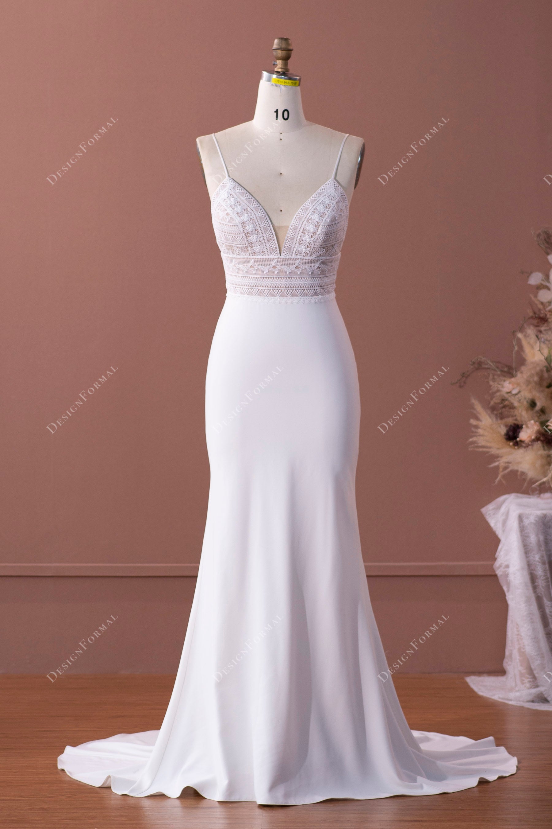 Elegant Plunging Lace Crepe Mermaid Wedding Dress