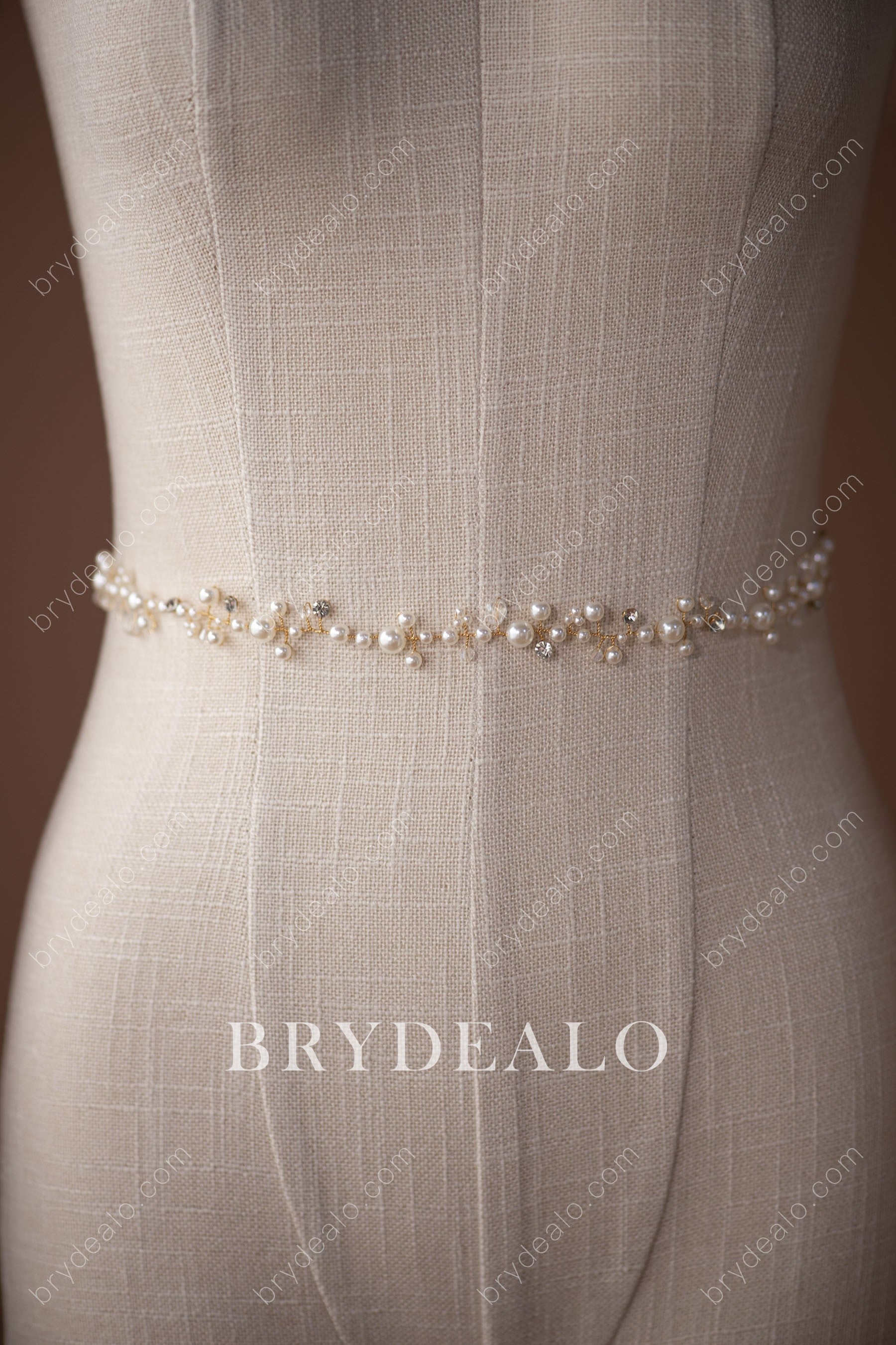 Champagne Exquisite Pearls Crystals Bridal Sash Belt 