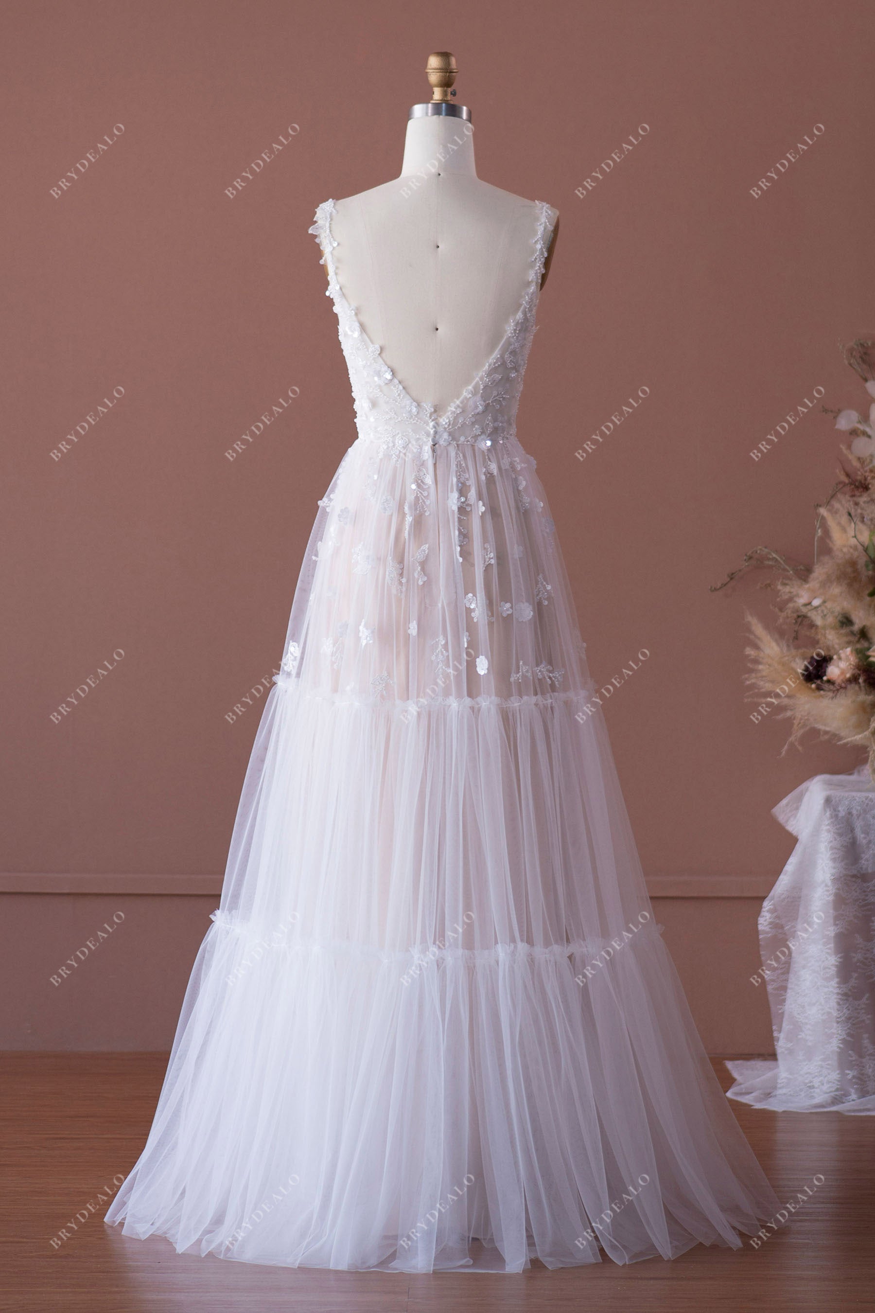 Fairy Flower Lace Tulle Open Back A-line Wedding Dress