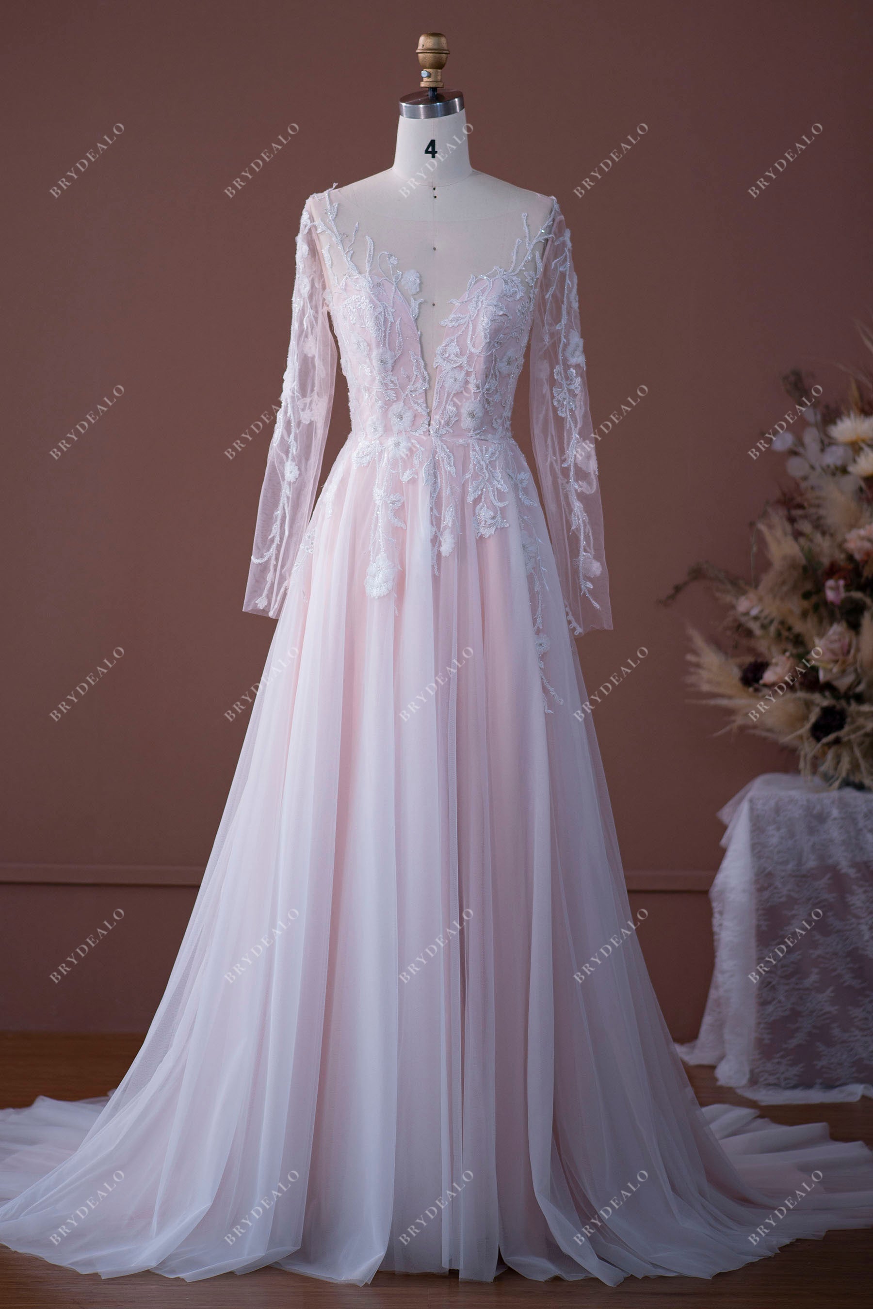 Fairy Pink Lace Tulle Plunging Neck A-line Wedding Dress