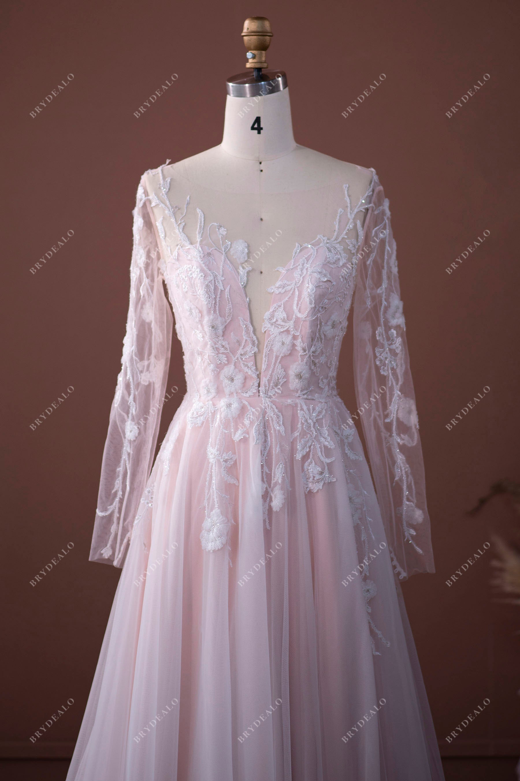 Pink Lace Tulle Illusion Neck Garden A-line Wedding Dress Brydealo Pink Lace Tulle Illusion Neck Garden A-line Wedding Dress Brydealo