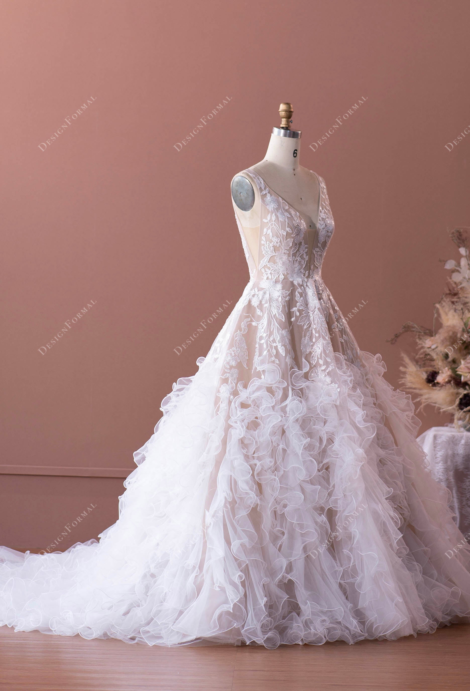 fairy straps plunging lace tulle ruffled wedding gown