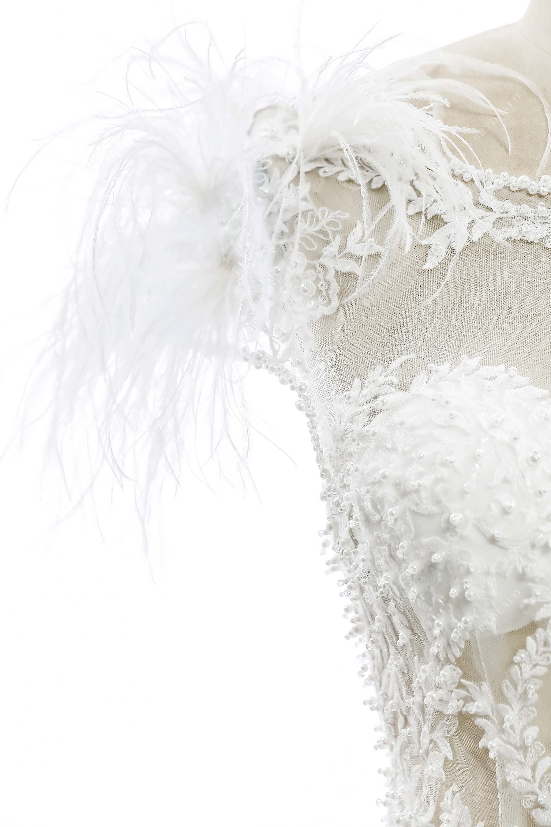 fashion feathered sheer lace wedding gown