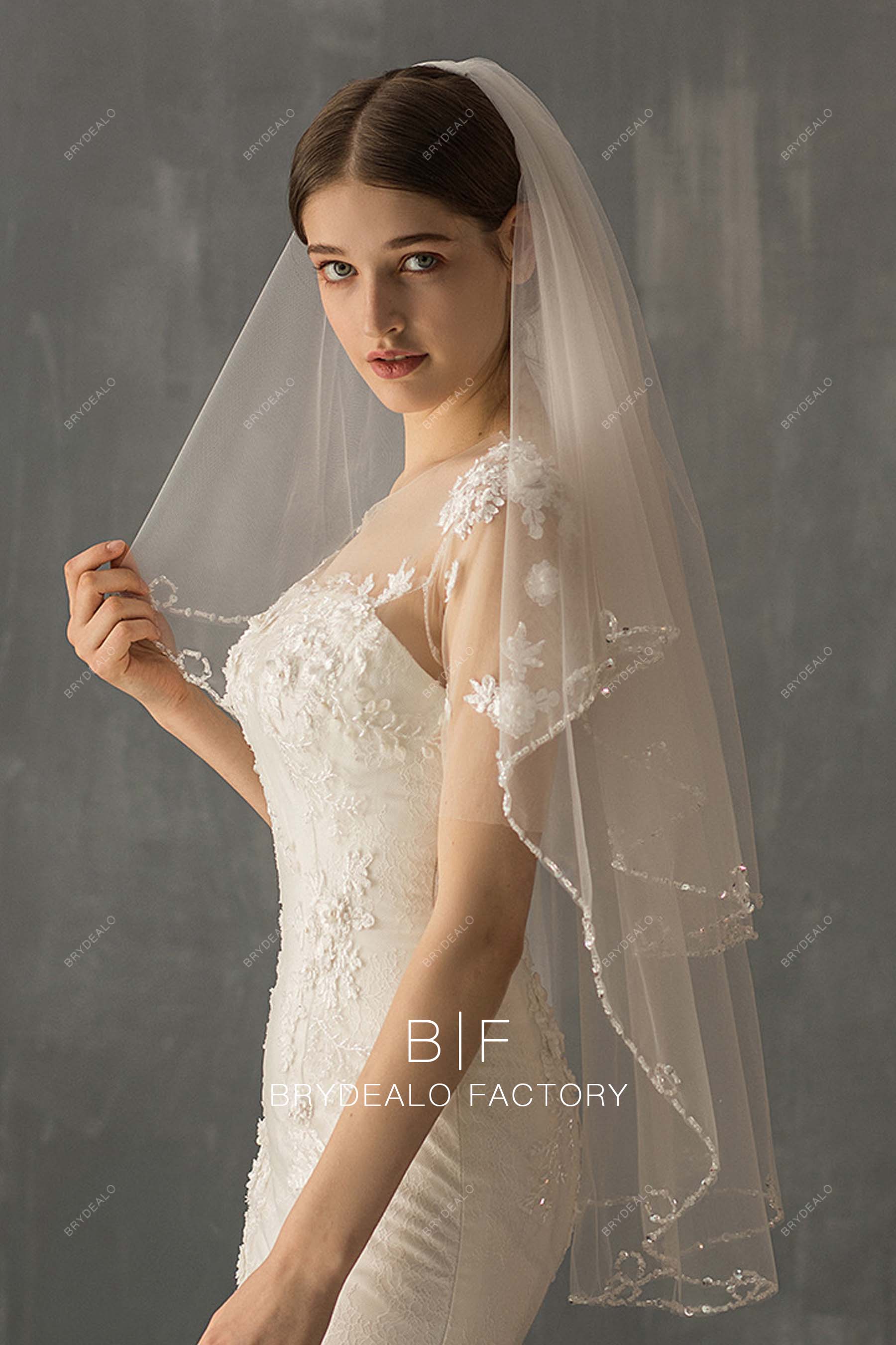 Beaded Two-tiered Fingertip Length  Wedding Veil