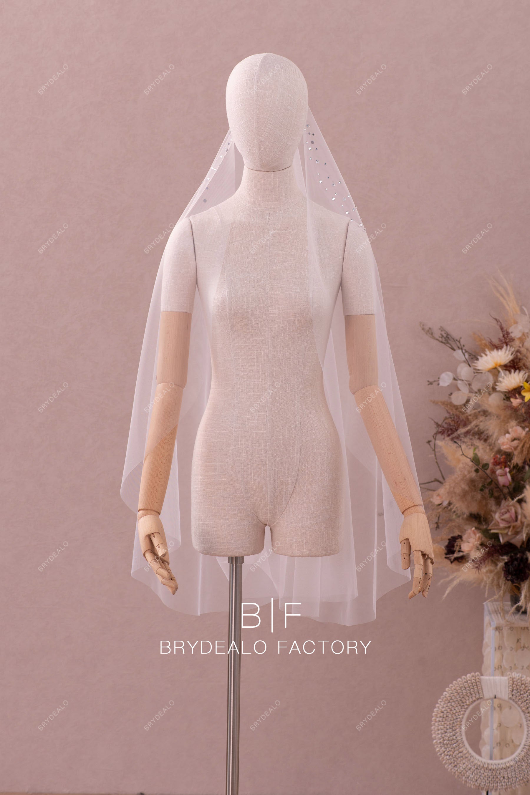 Brydealo Factory Beaded Two-Tiered Fingertip Length Designer Wedding Veil