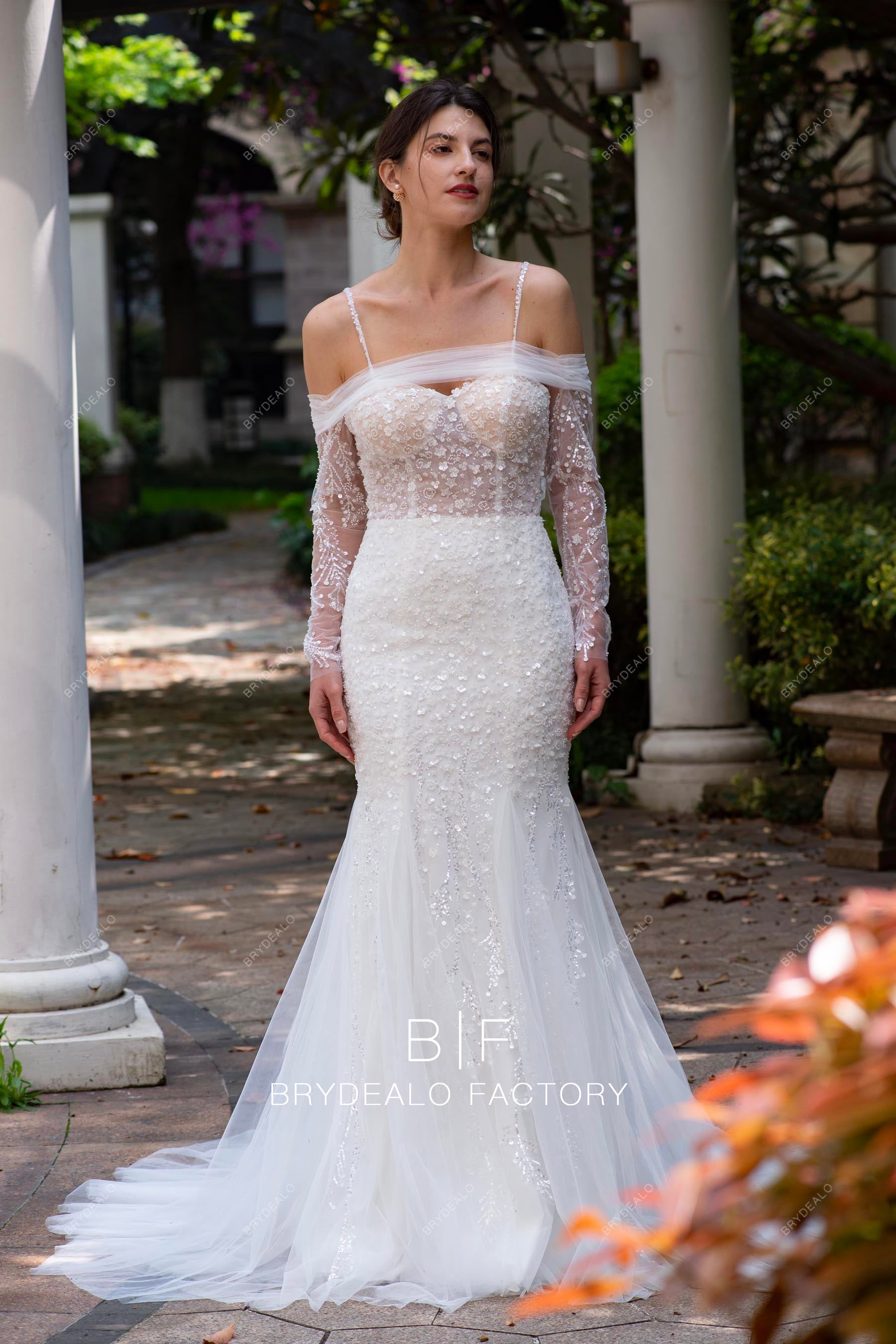 white mermaid sparkly detachable sleeve wedding dress
