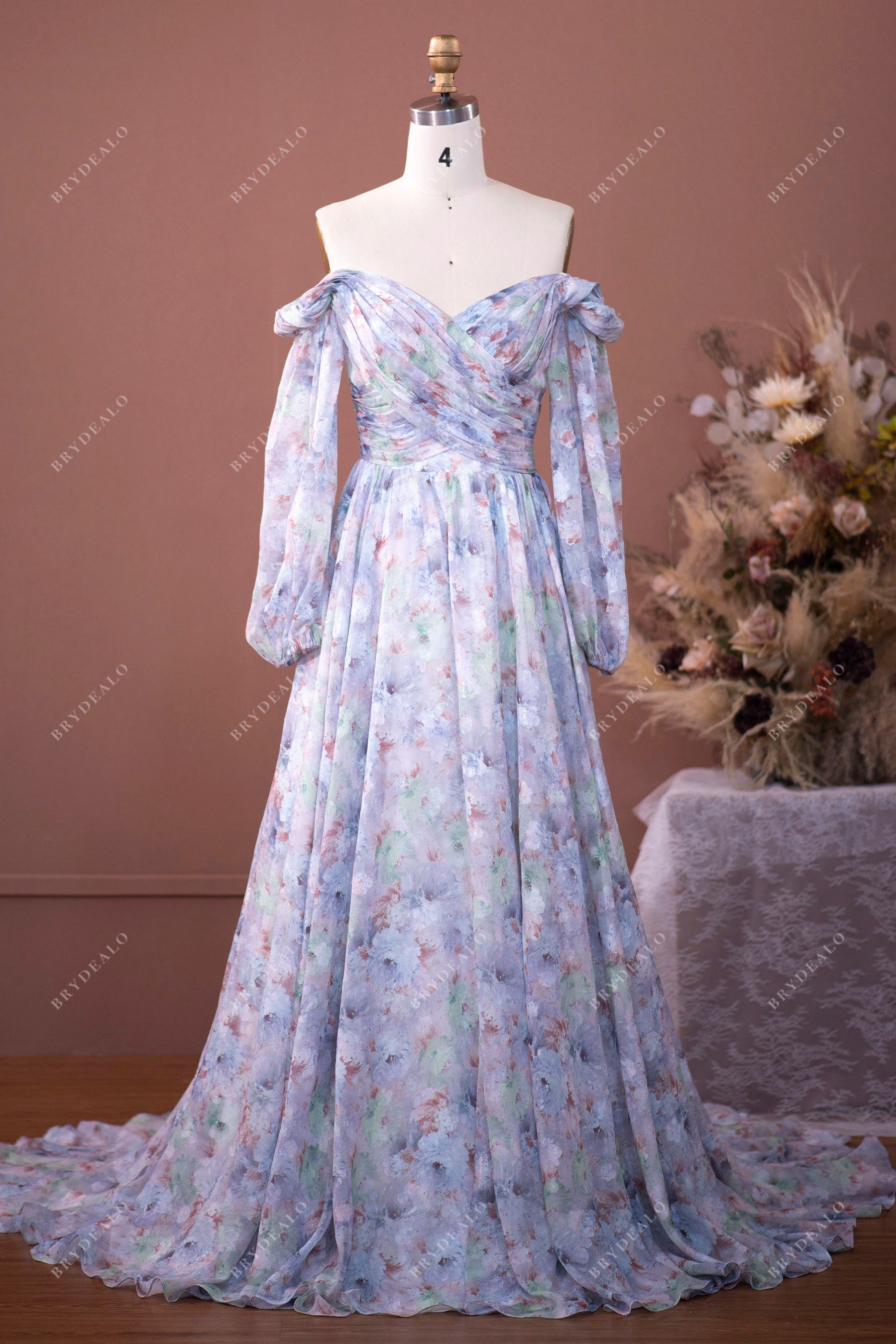Designer Floral Chiffon Off Shoulder Sleeved Summer Wedding Dress