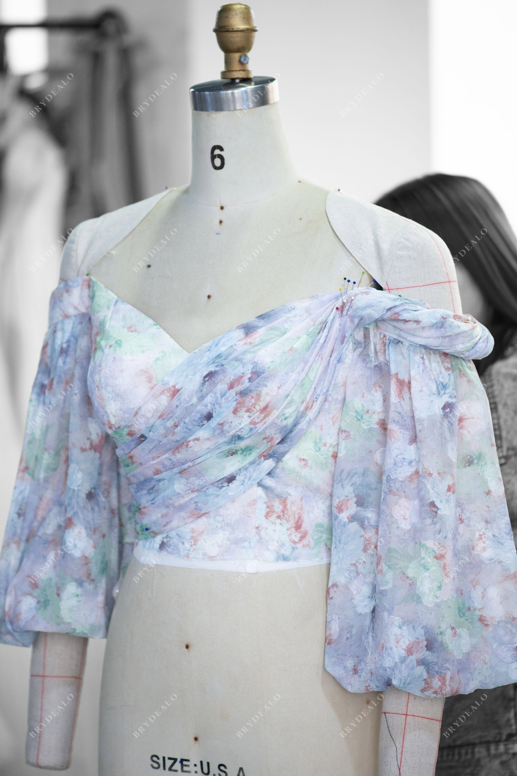 Designer Floral Chiffon Off Shoulder Sleeved Wedding Dress