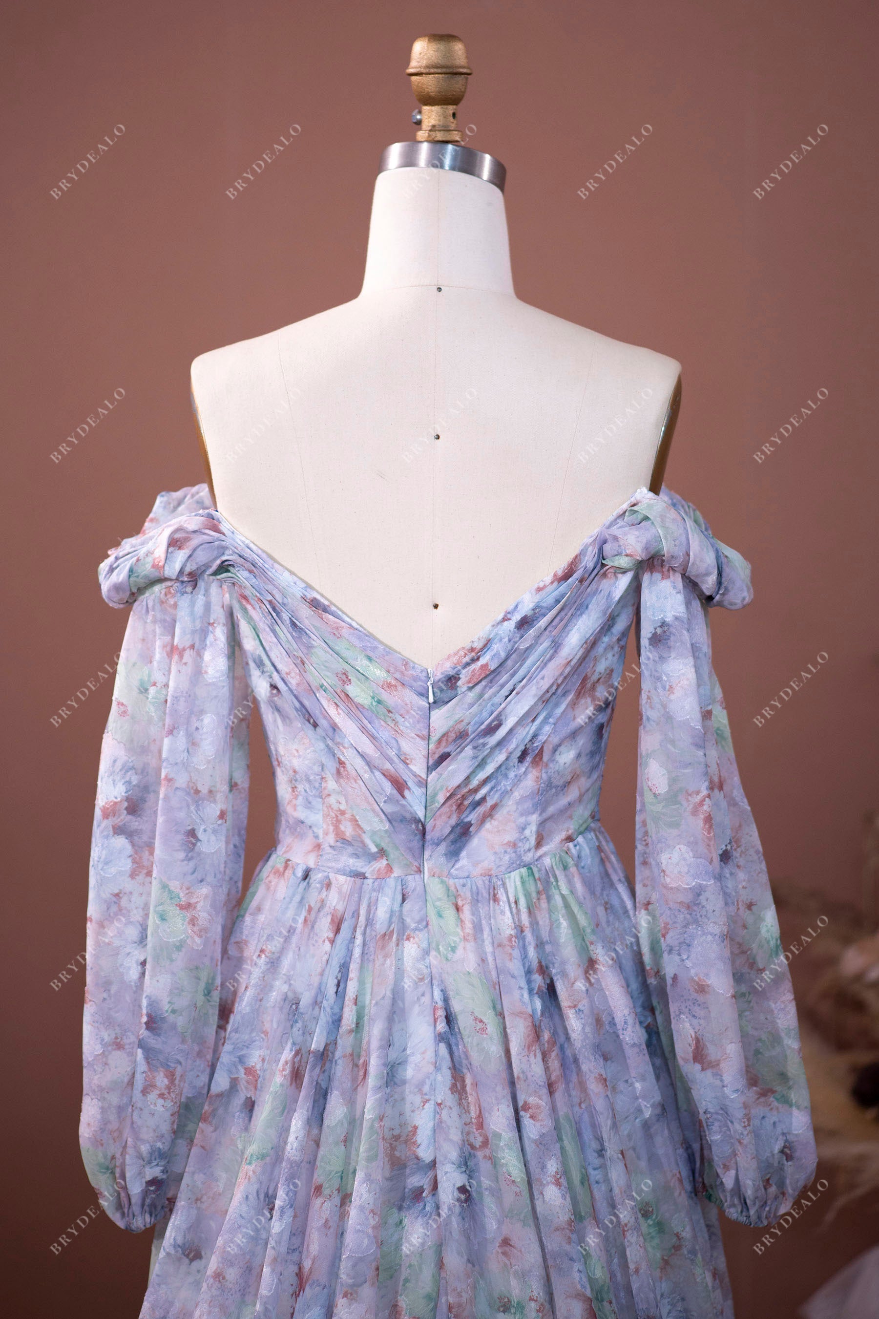 V-back pleated floral chiffon fall bridal gown