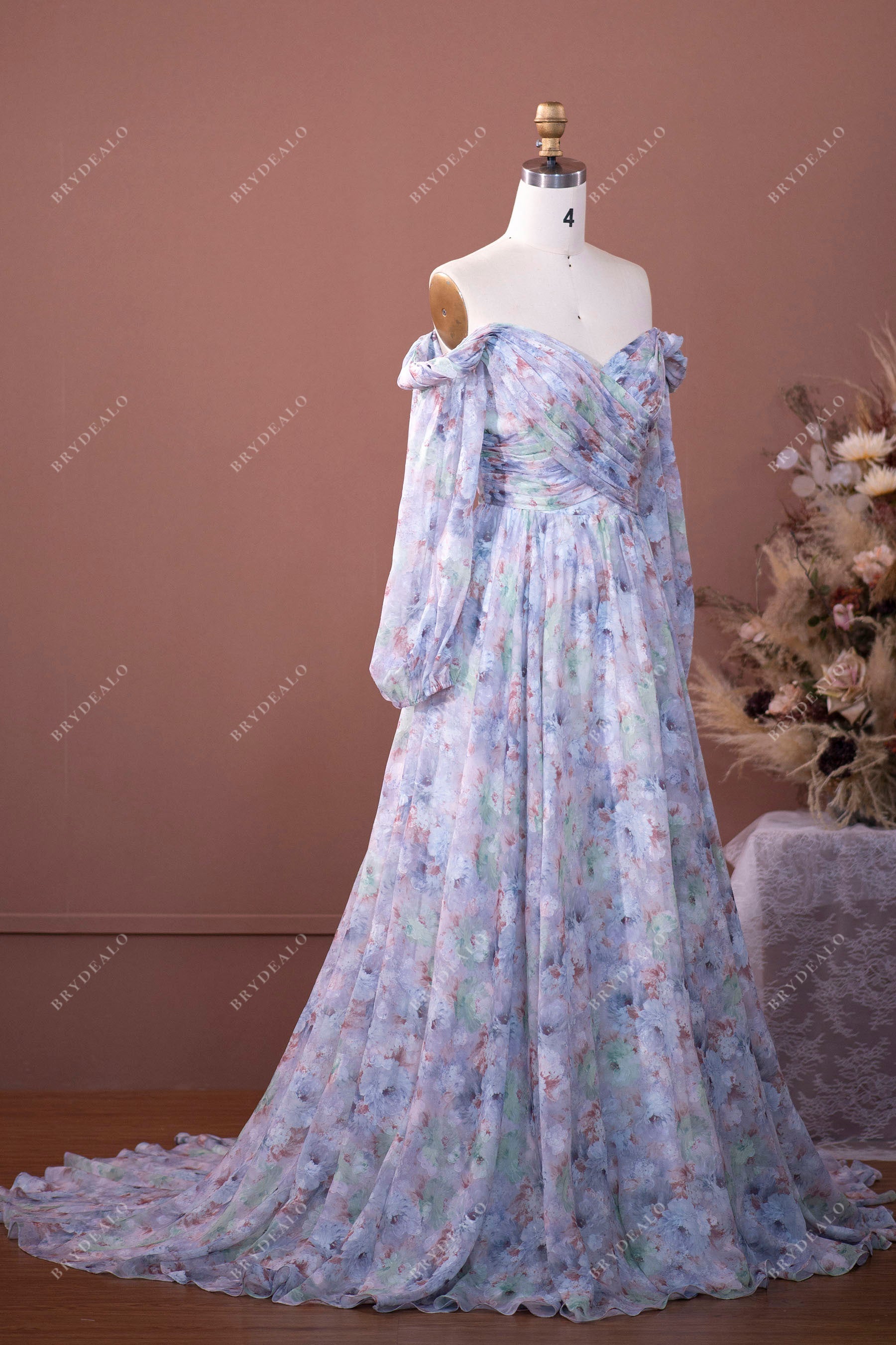 twisted off shoulder boho A-line bridal gown