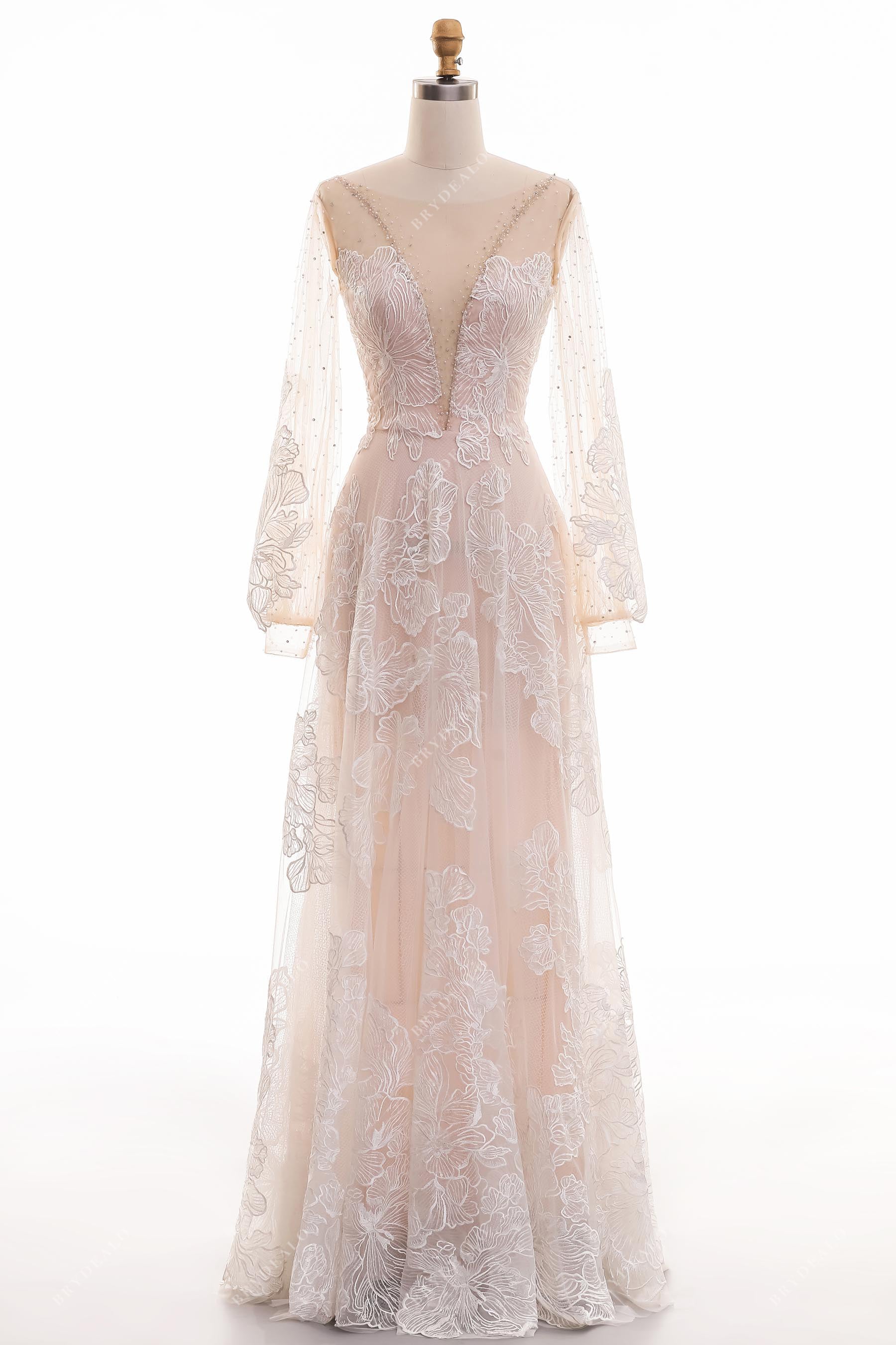Bishop sleeve floral lace plunging neck bridal dress