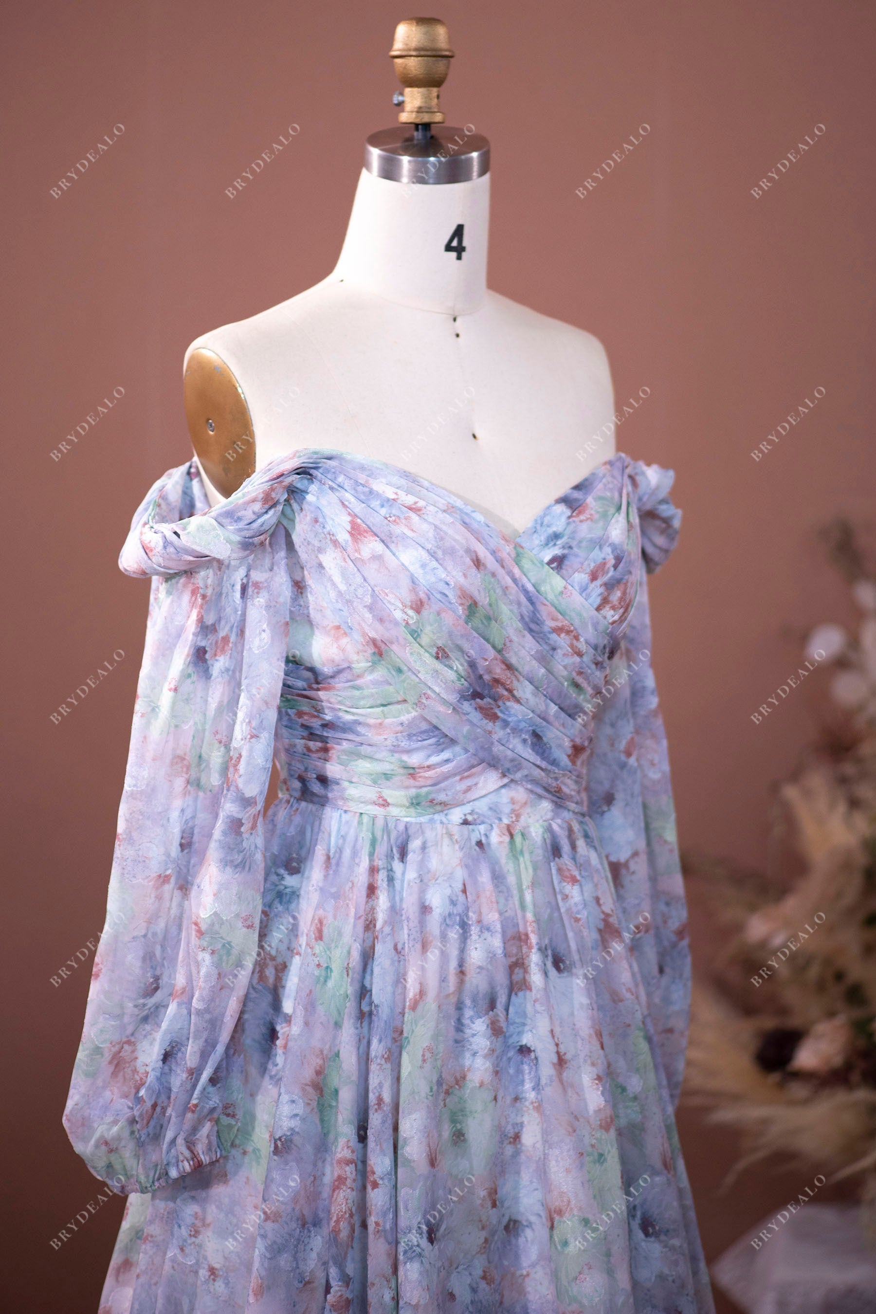print chiffon crisscross pleated off shoulder spring bridal gown