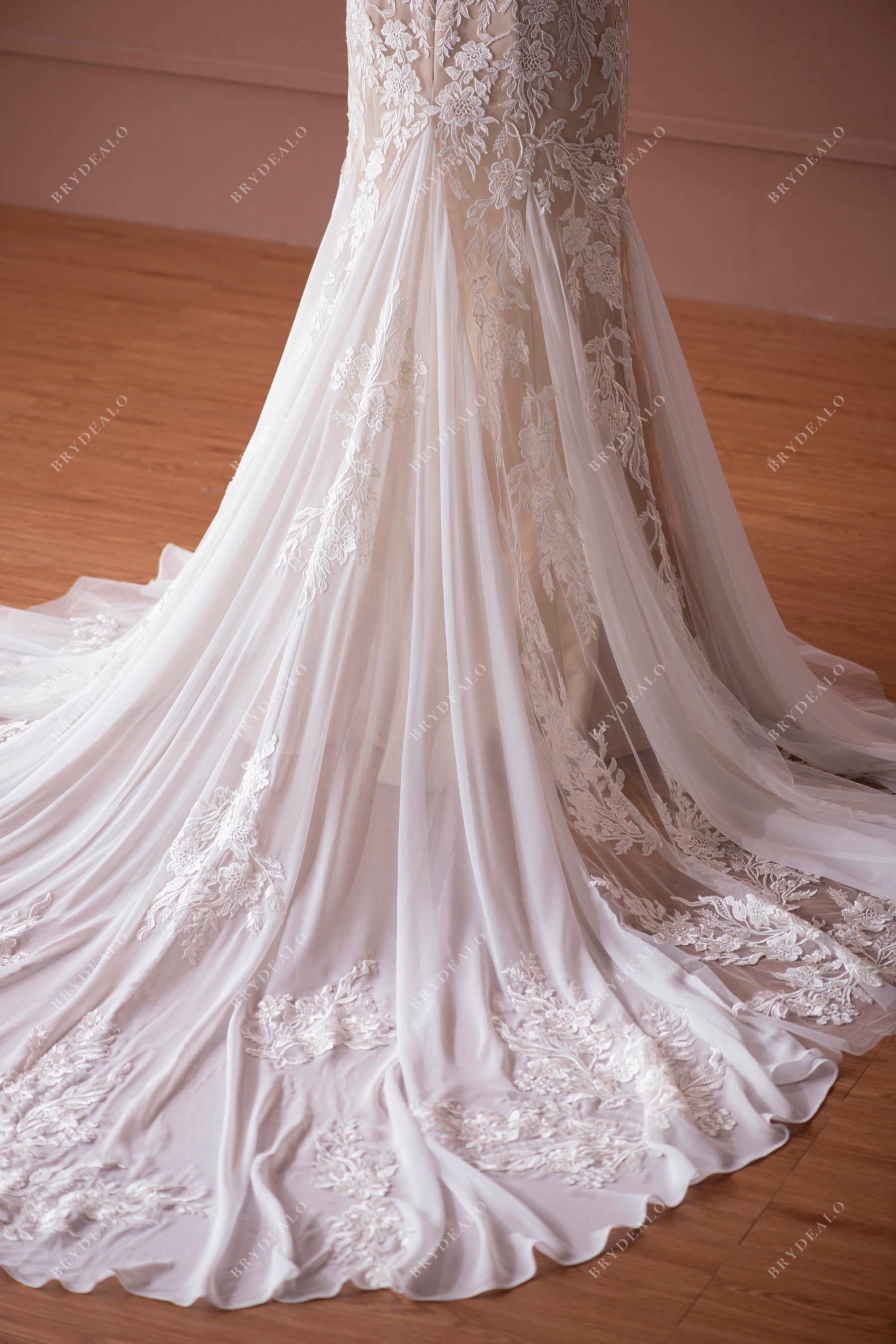 Designer Lace Chiffon Mermaid Fall Wedding Dress