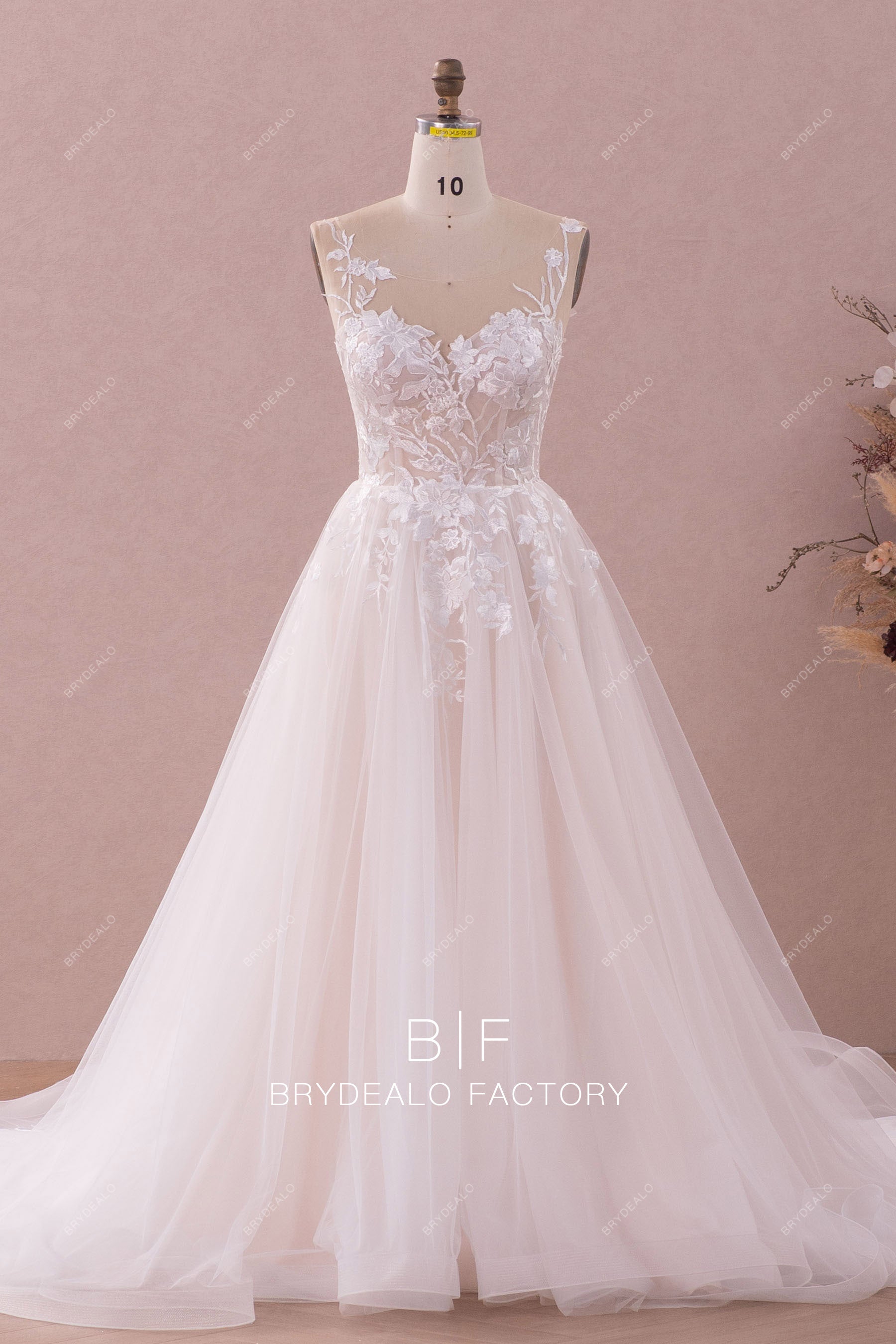 lace straps sleeveless gorgeous flower tulle A-line wedding dress