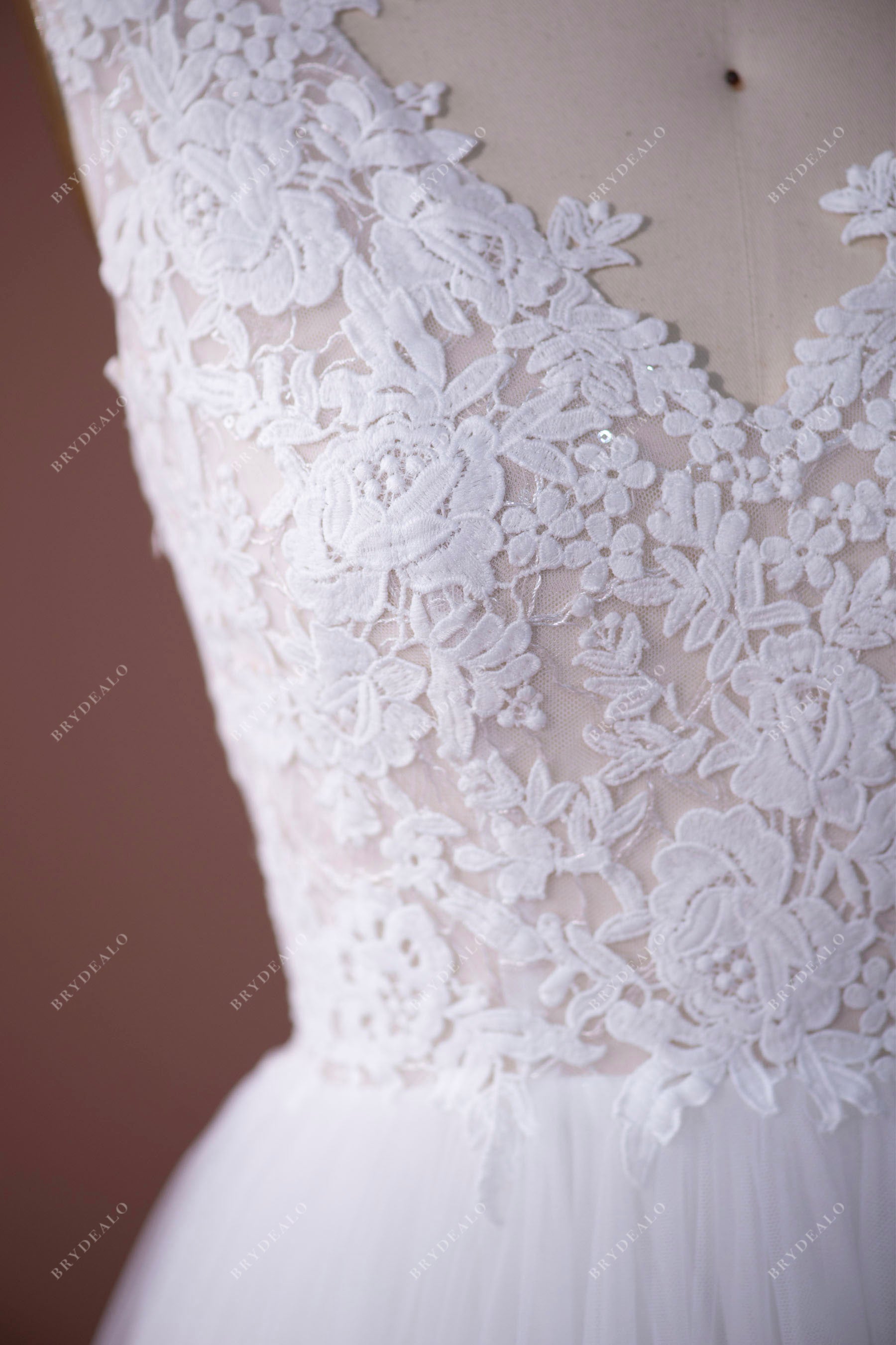 Designer Flower Lace Illusion Bodice Wedding Dress