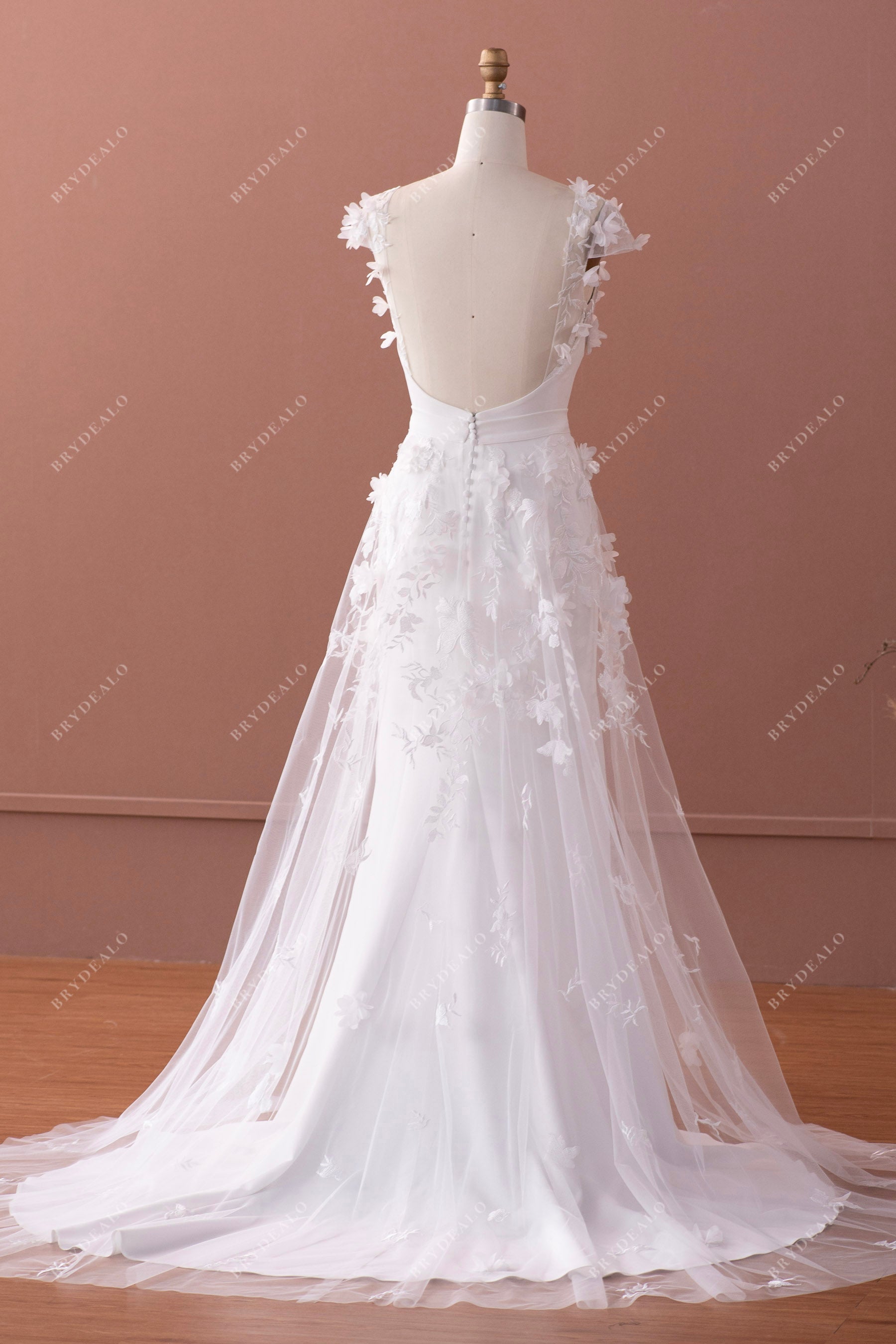 Sexy open back A-line overskirt modern bridal gown 