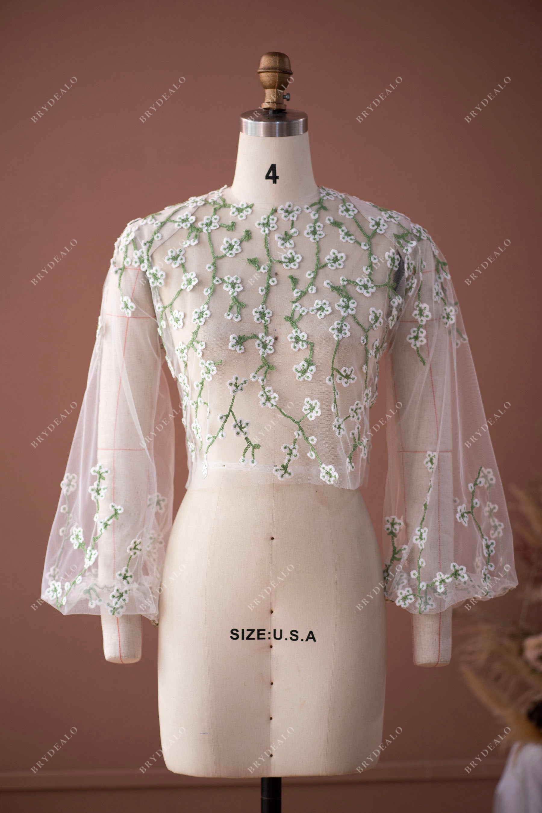 beautiful flower lace long sleeves bridal blouse