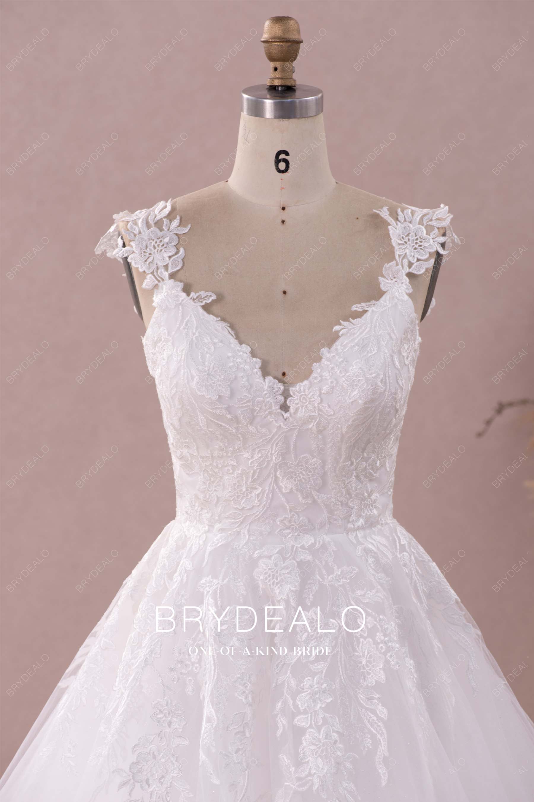 flower straps V-neck lace designer vintage wedding gown