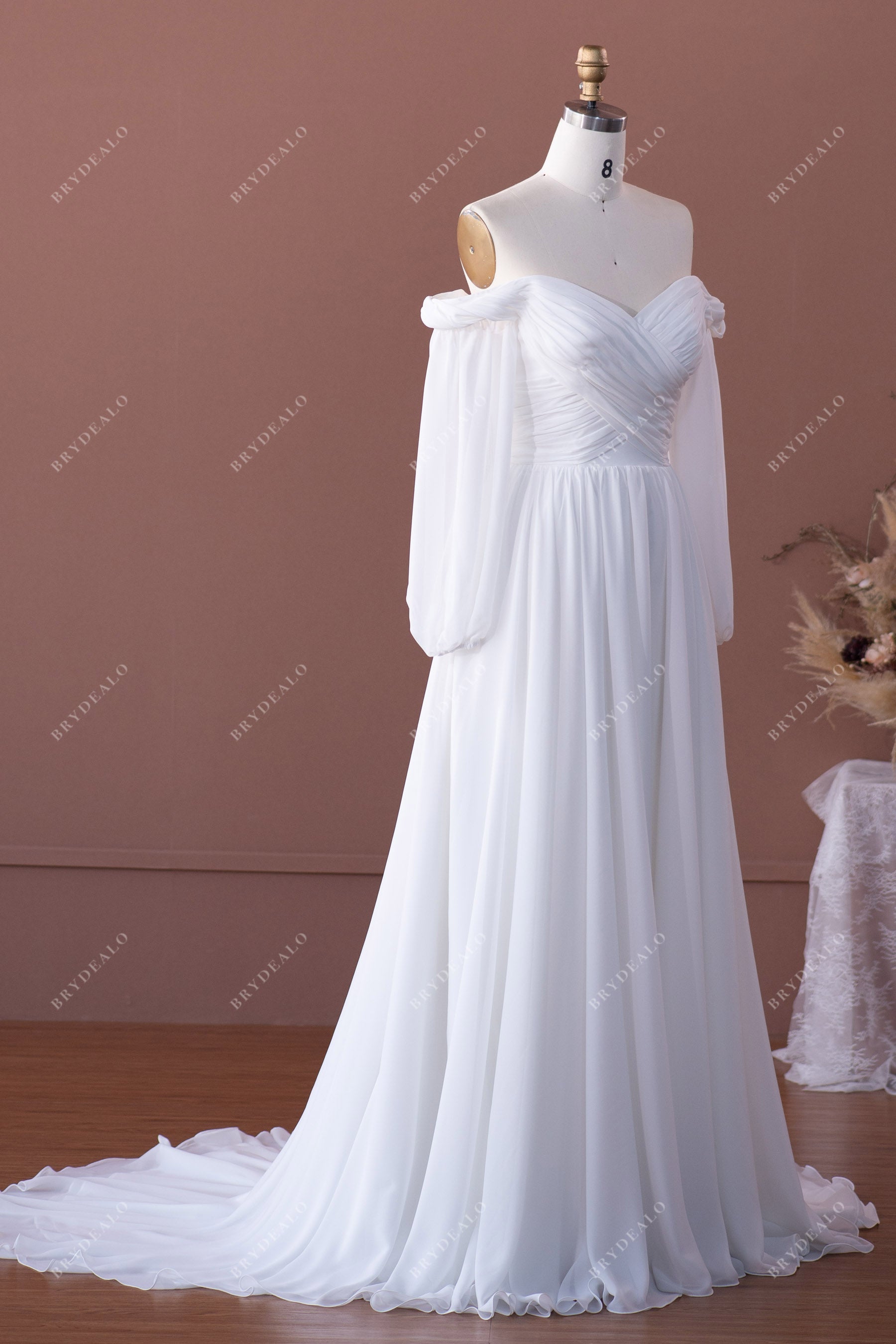 sheer sleeves off shoulder pleated chiffon summer bridal gown