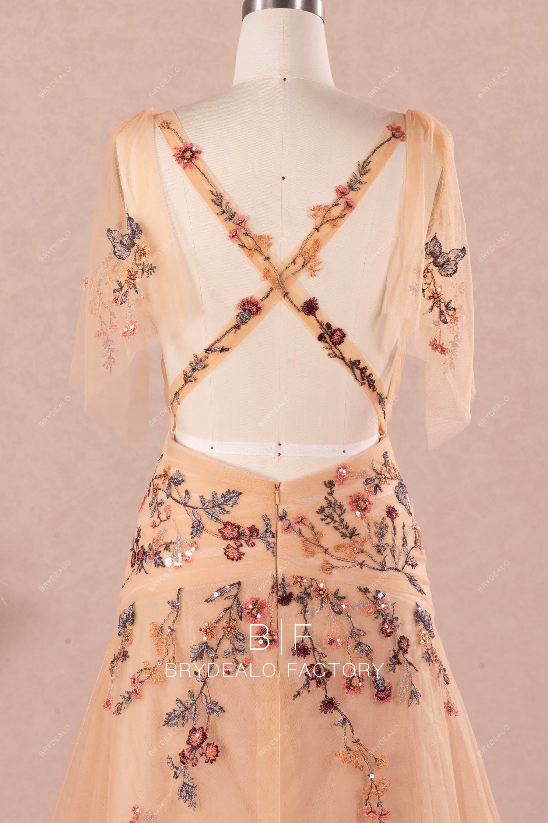 flowy flutter sleeves nude spring fall wedding dress