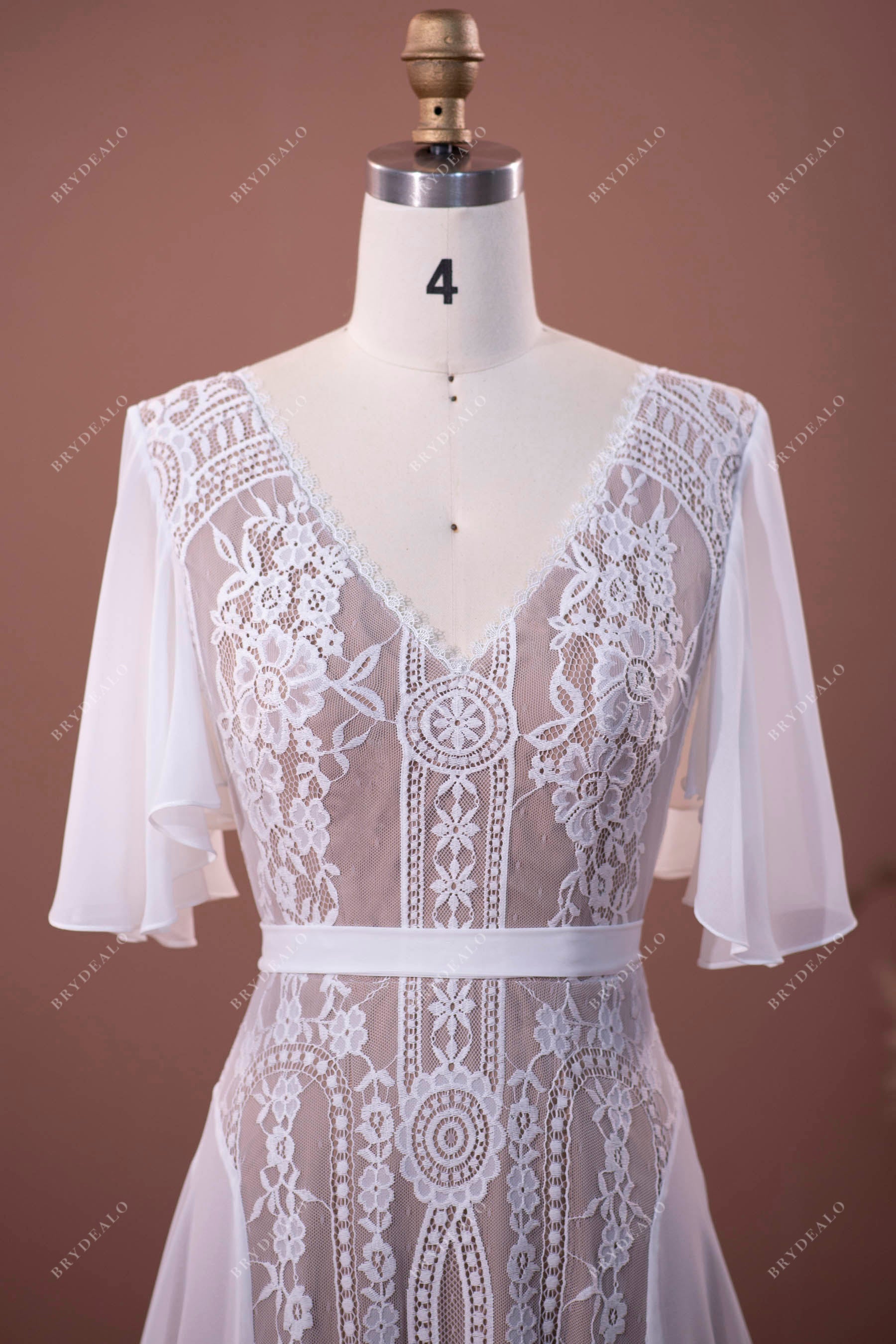 V-neck flutter sleeves summer bridal gown