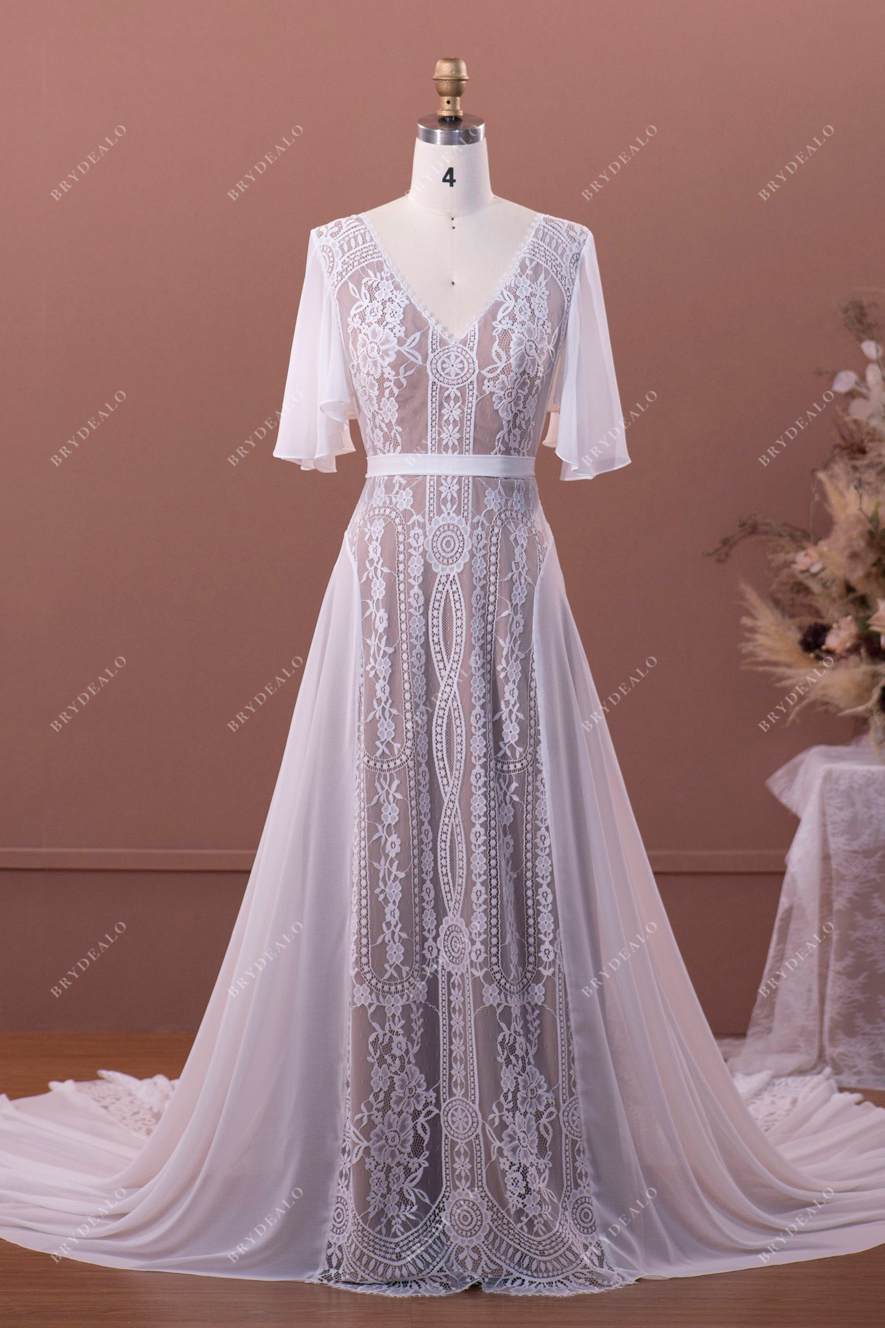 Flutter Sleeves V-neck Lace Boho A-line Summer Wedding Dress