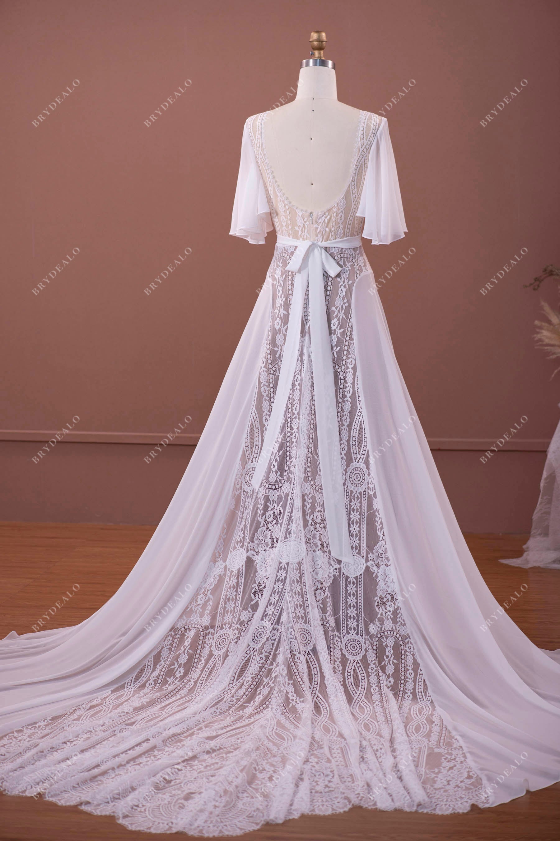 open back flutter sleeves lace chiffon bridal gown