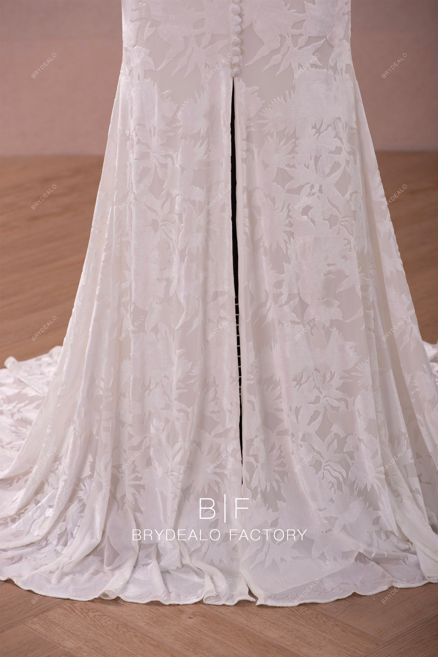 front slit velvet fit and flare spring fall wedding gown