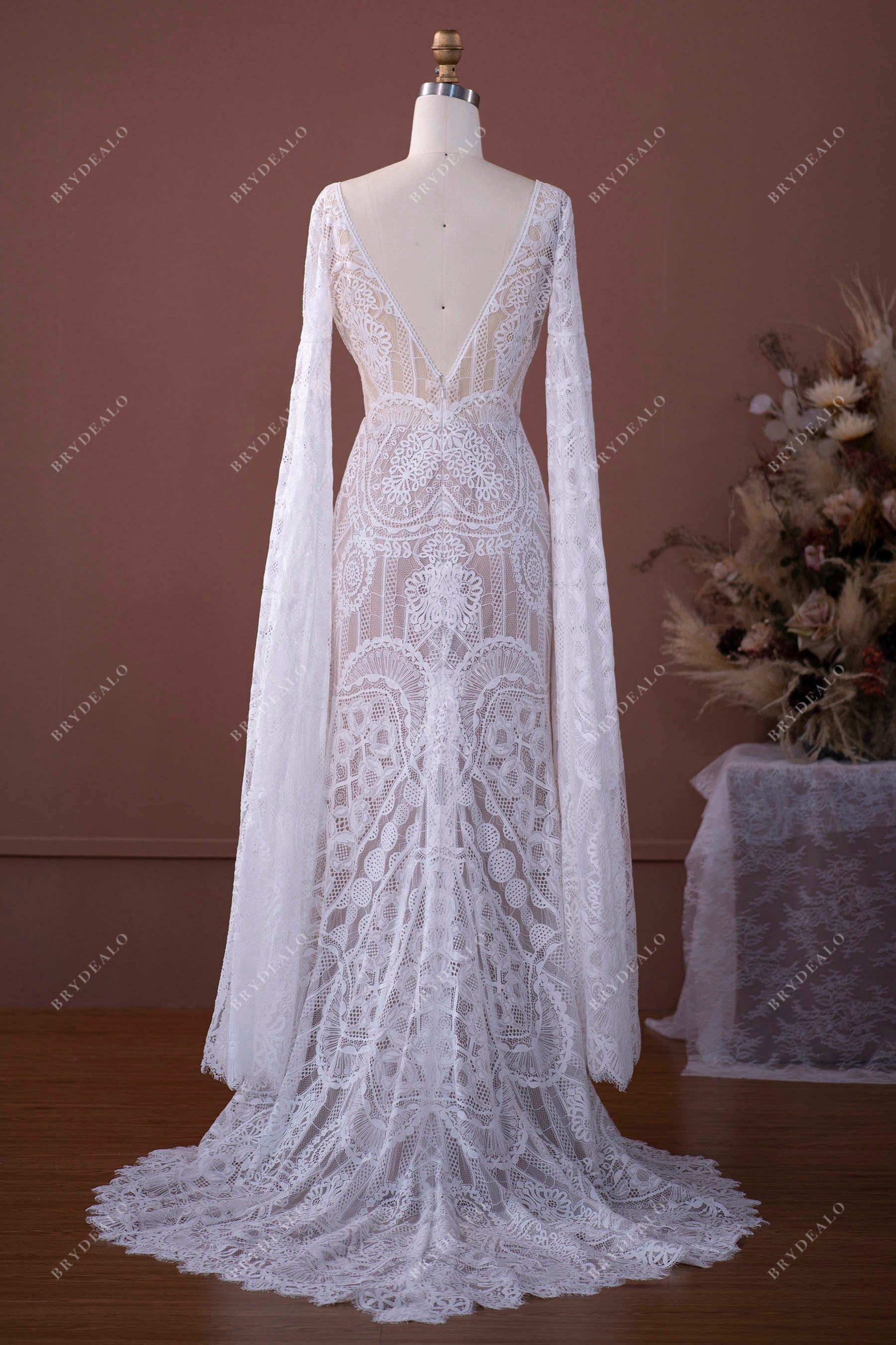 open V-back fit and flare boho bridal gown