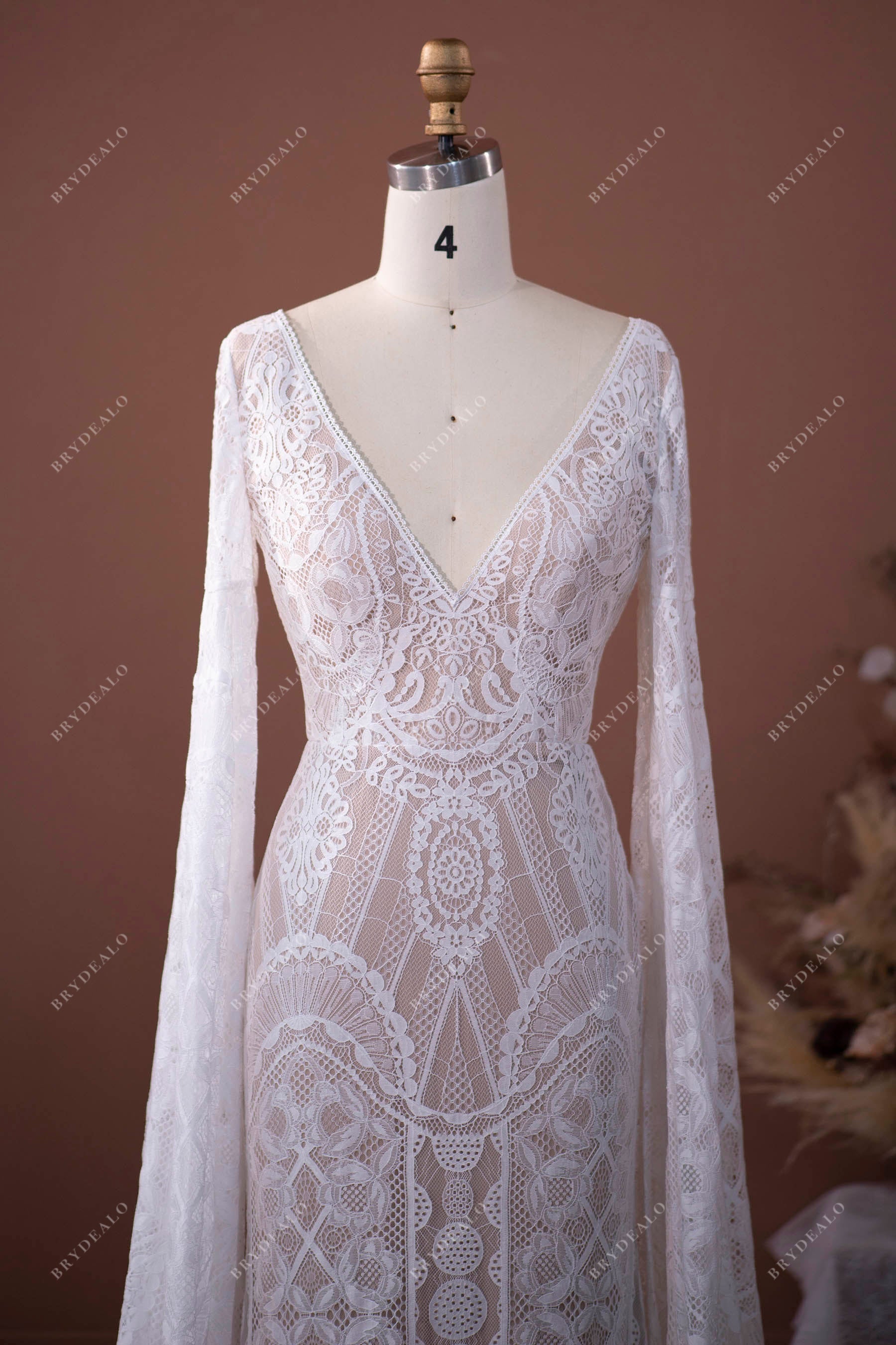 designer lace V-neck sheer sleeves spring bridal gown