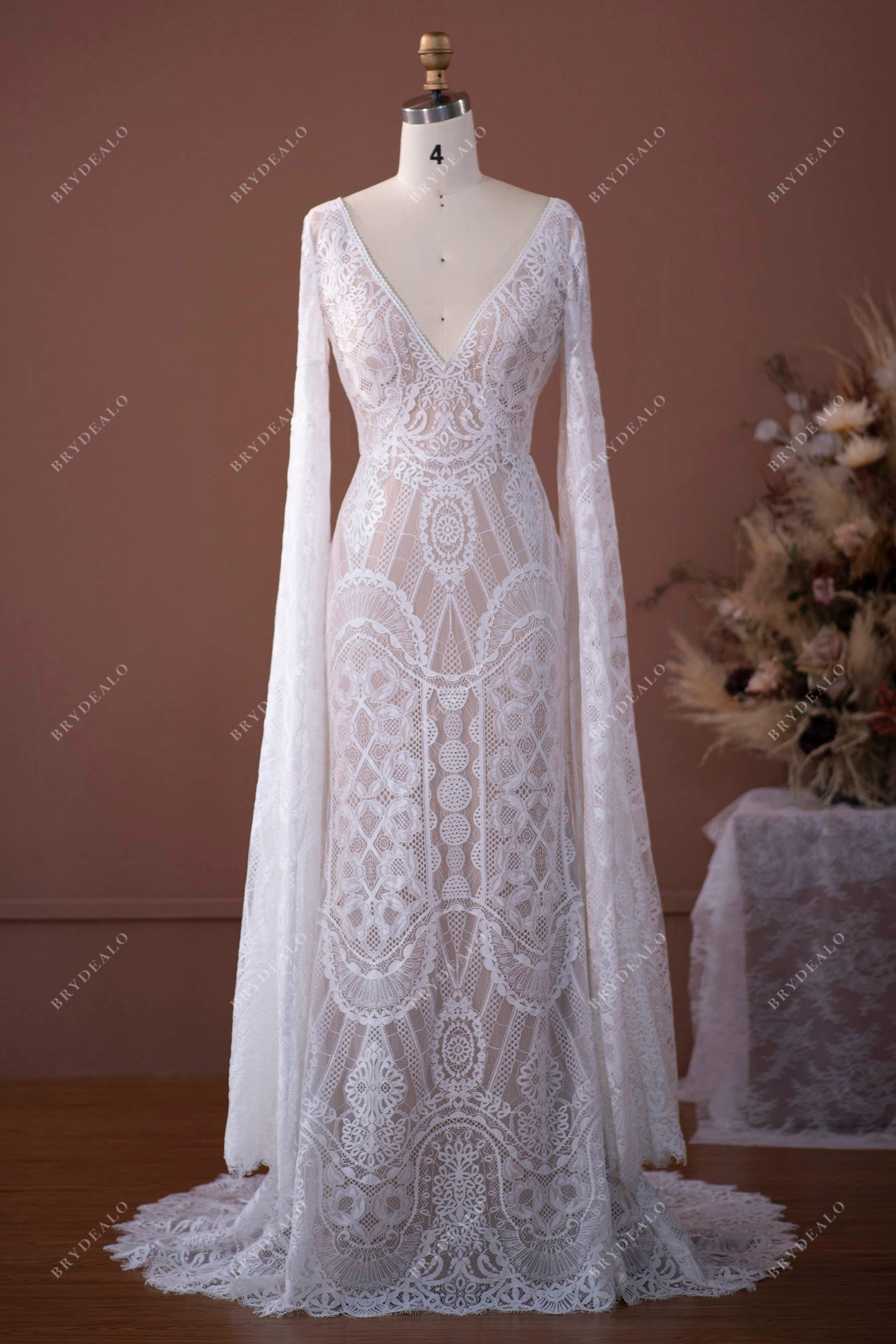 Super Long Sleeve Boho Lace V-neck Fit and Flare Wedding Gown