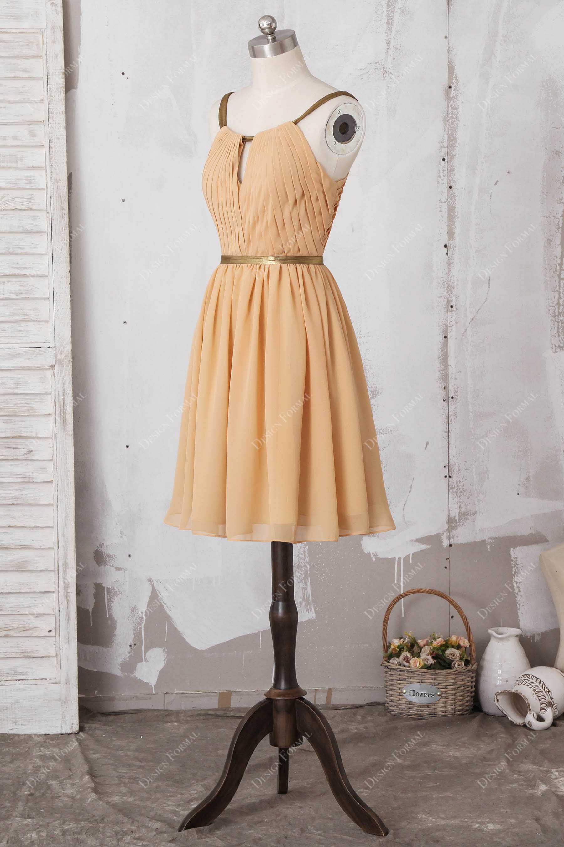 Halter strap pleated apricot bridesmaid dress