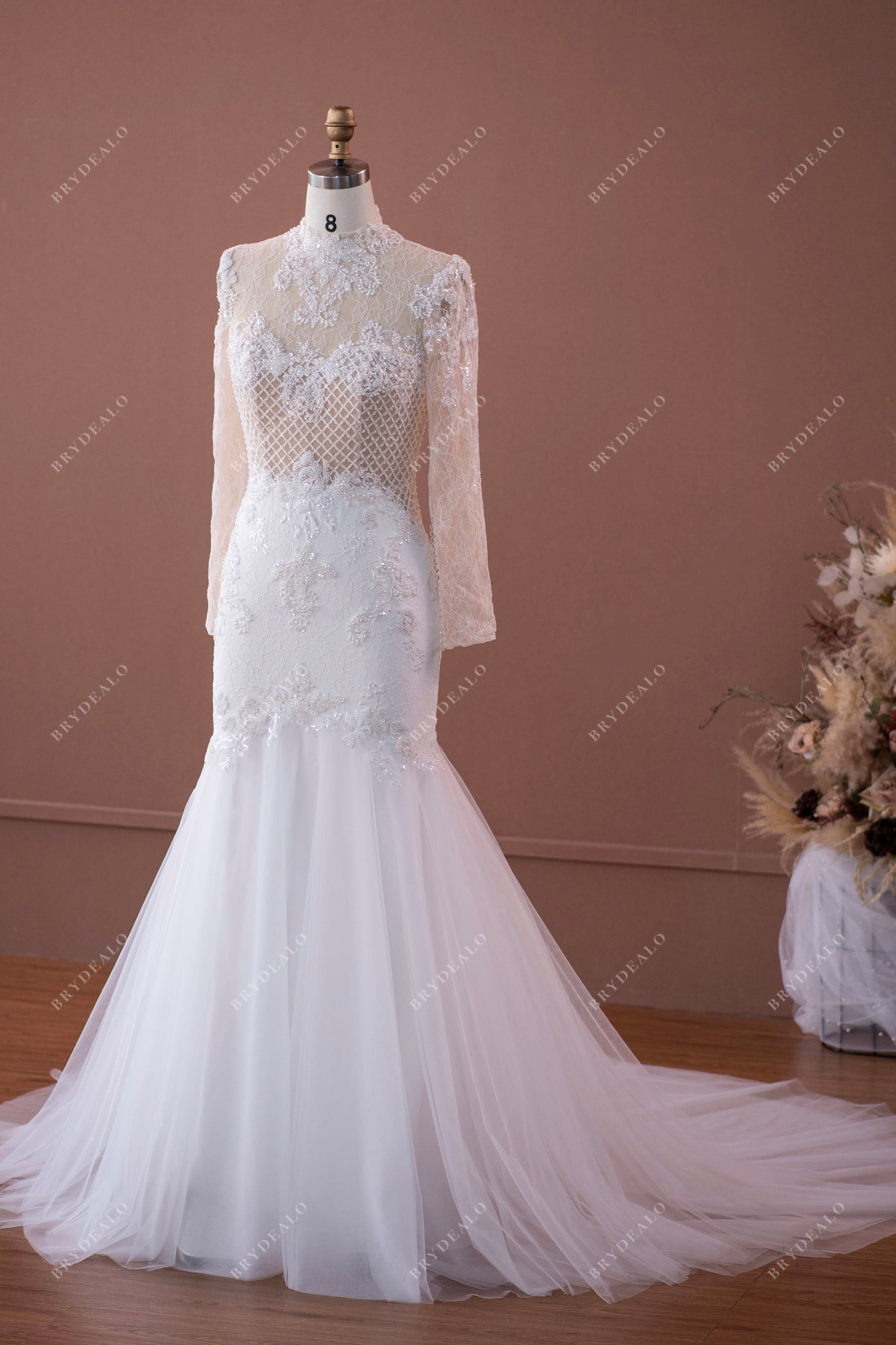 stylish high neck illusion royal mermaid wedding dress