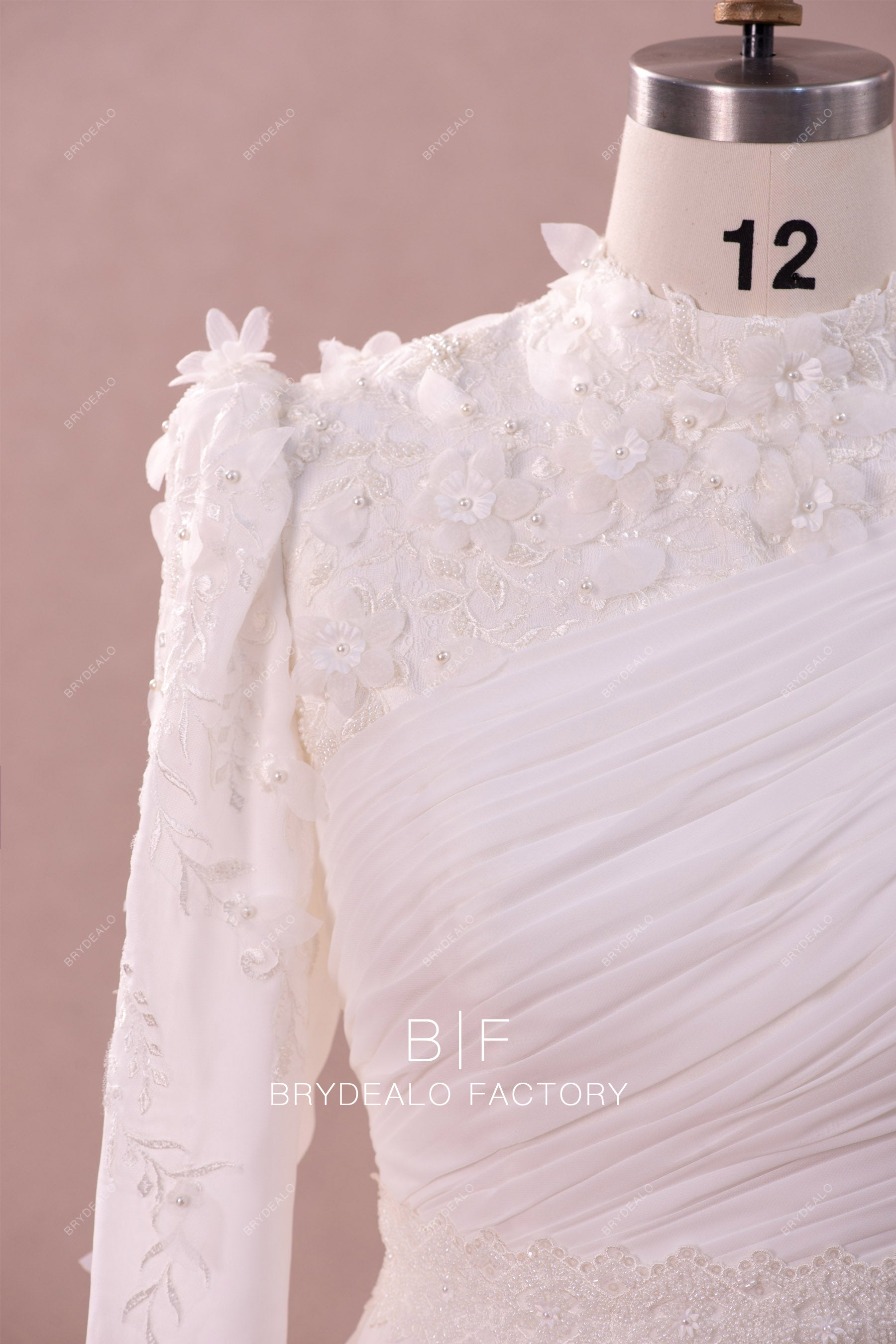 romantic 3D petals modest high neck pleated wedding gown