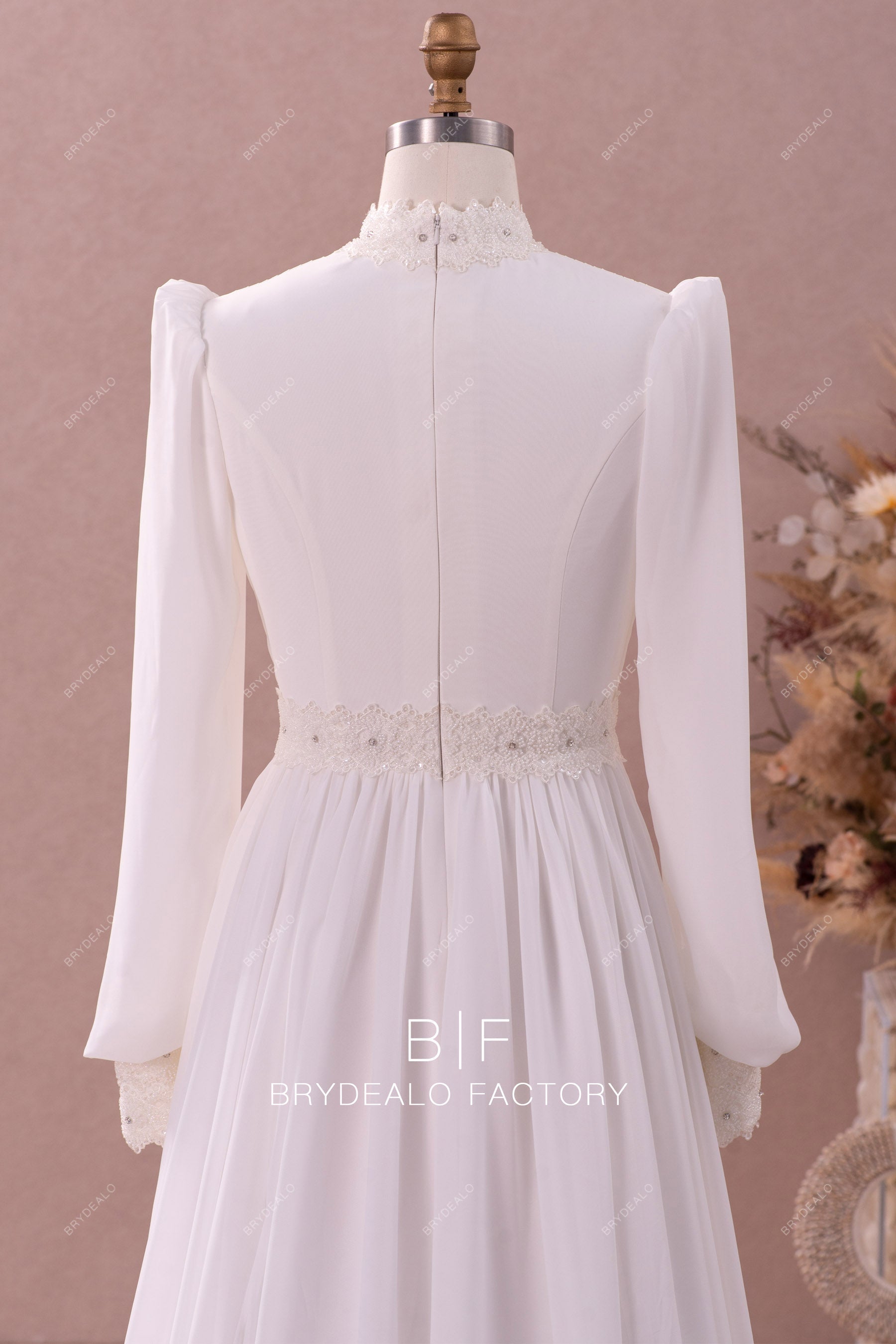 beaded high neck sleeves chiffon wedding gown
