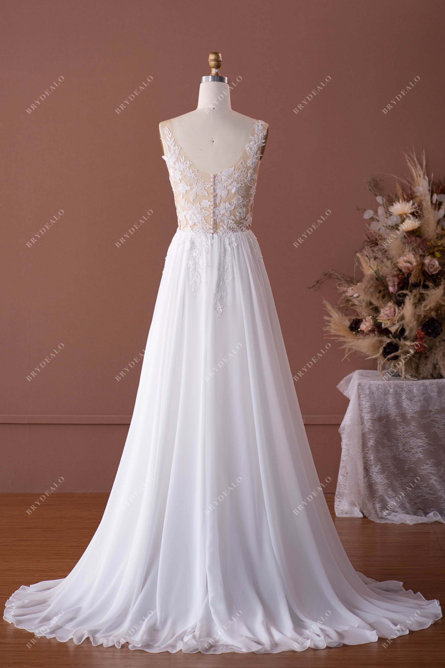 sheer V-back sleeveless flowy chiffon A-line wedding dress