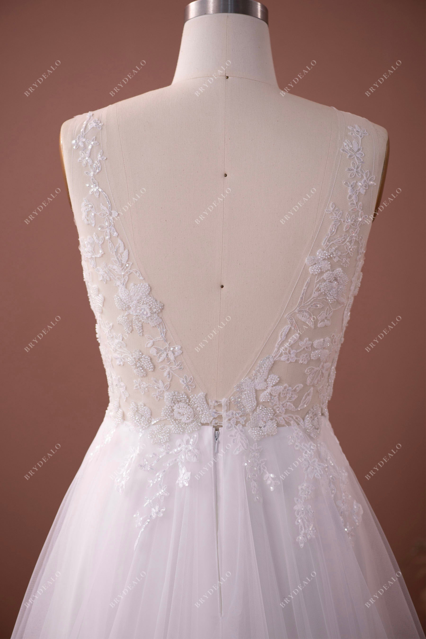 illusion V-back beaded lace wedding dress
